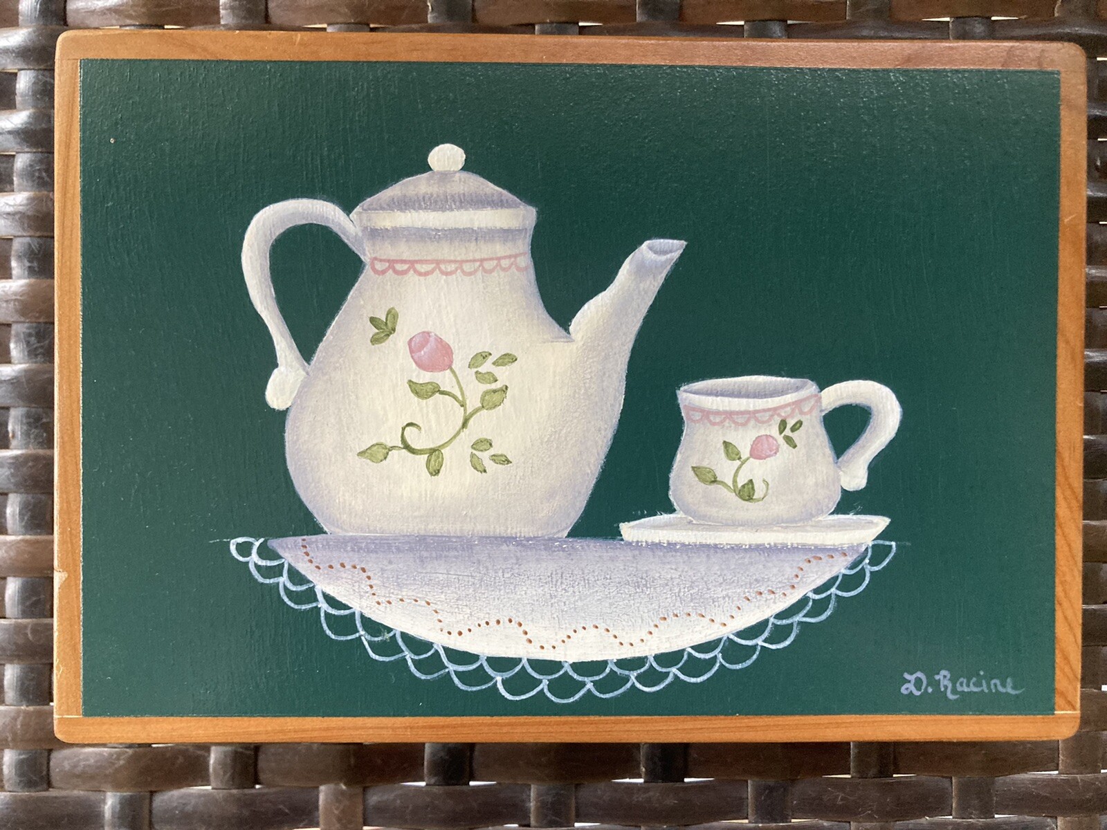 Signed Original Painting on Wood Teapot Teacup Doily Cottagecore Vintage 80s/90s