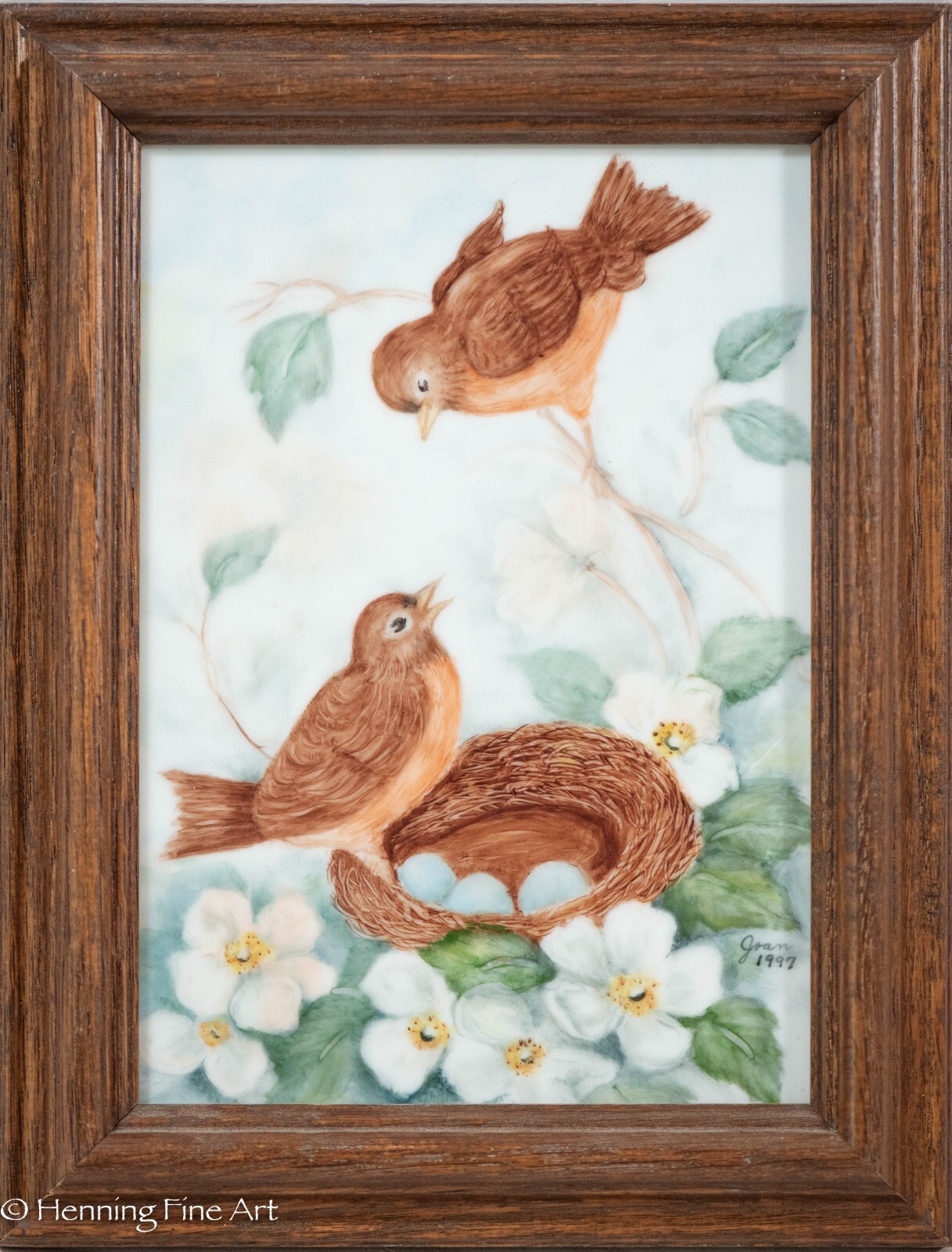Beautiful Vintage Oil Painting on Porcelain Brown Birds, Blue Eggs White Flowers