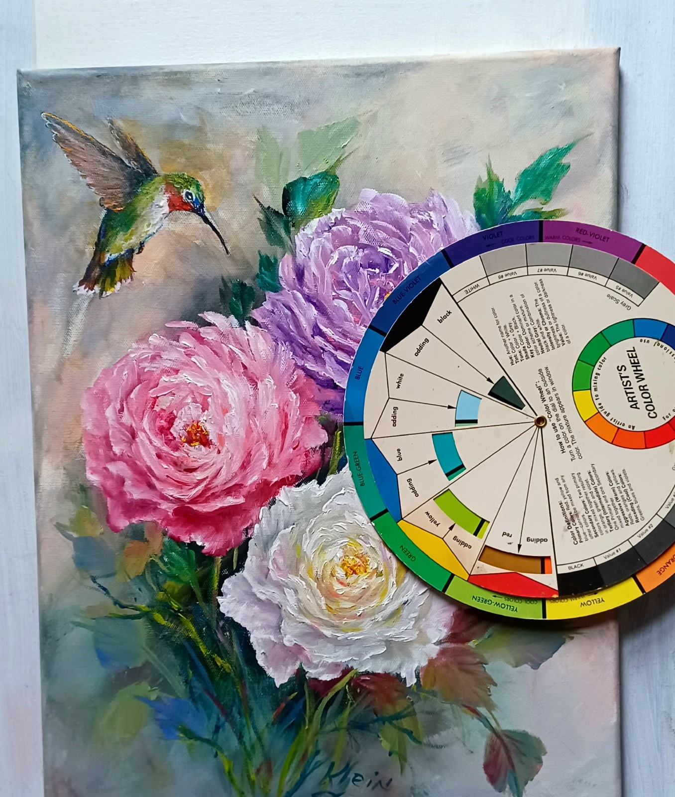 HUM AND MULTI-COLORED ROSES Original Floral 14×18 BIRD PAINTING BY ARTIST KLEIN