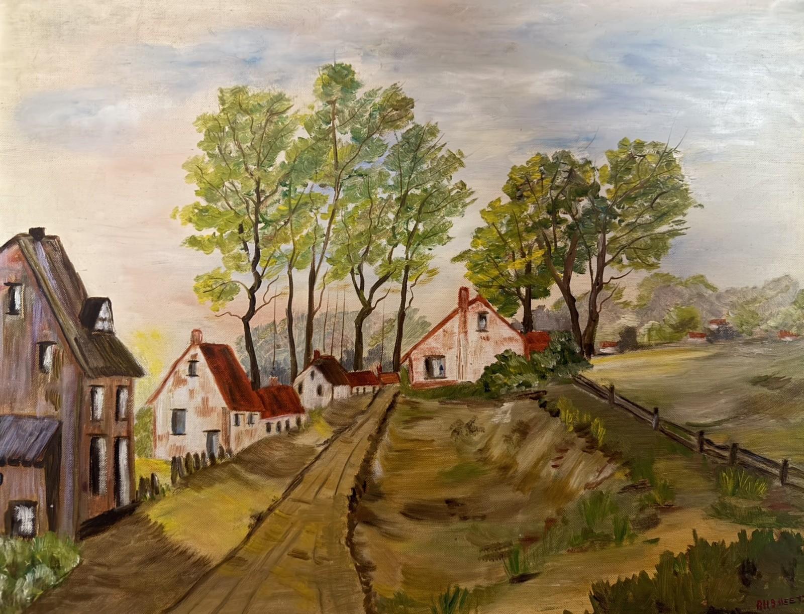 Spring Country Road Landscape, Original Vintage Painting – Lancaster County PA