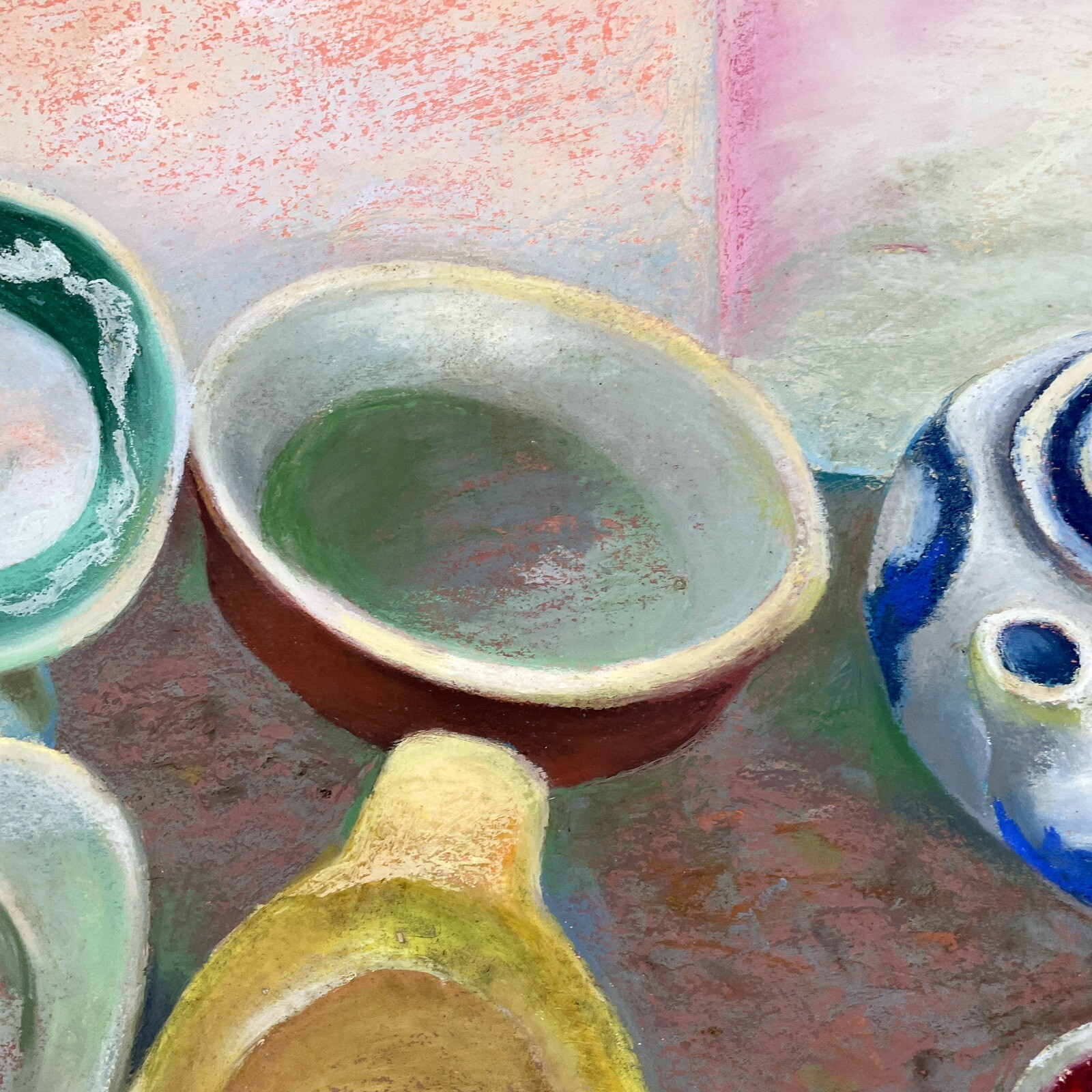 Expressionist Still Life With Dishes Pastel/Acrylic on Rag Paper by Kathie Brown