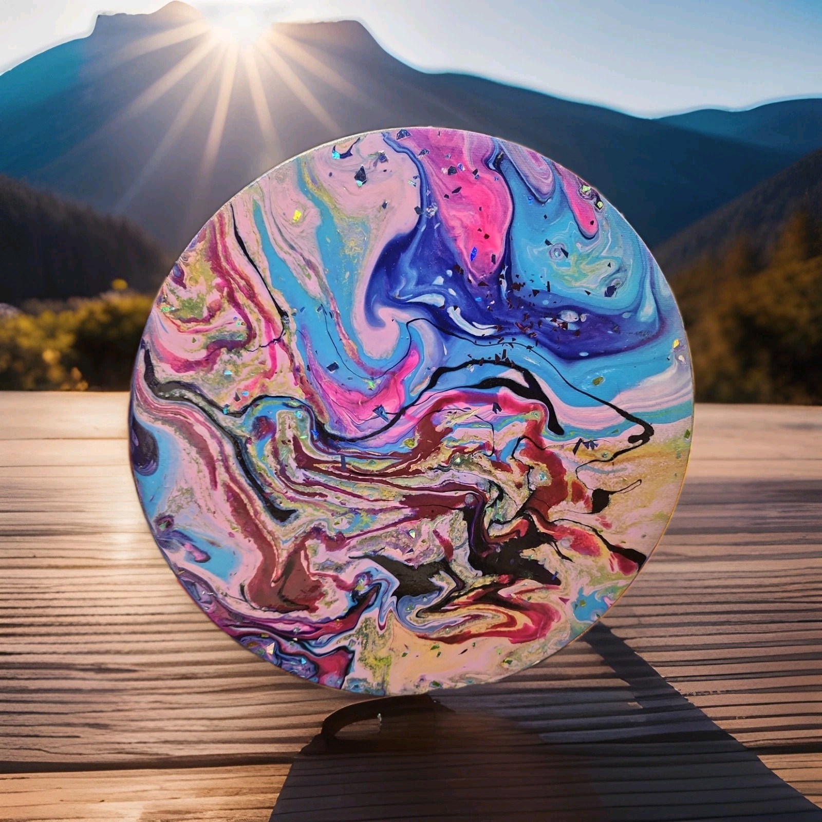 Original 12” Canvas Round Acrylic Fluid Paint Pour Art, Colorful Home Décor