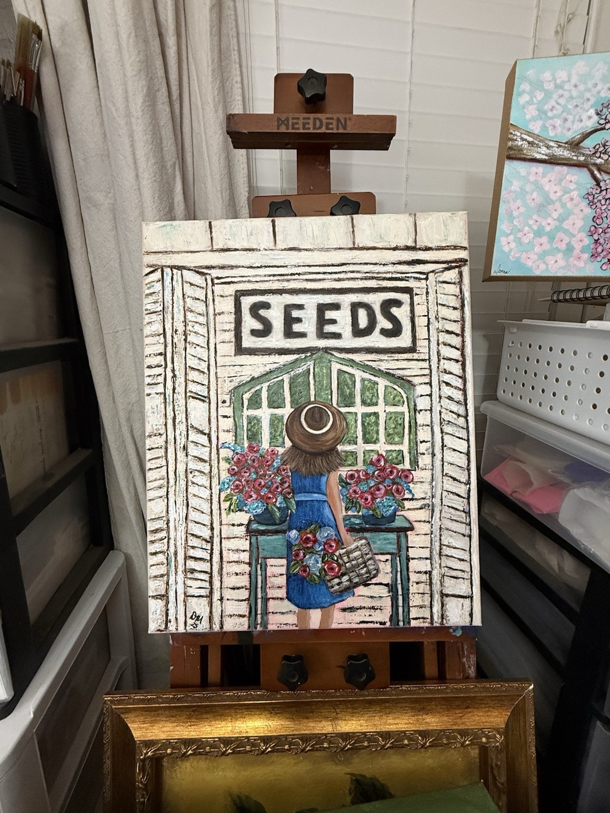 Original Folk Art Painting «Seeds» Flower Shop – Whimsical Farmhouse Wall Decor