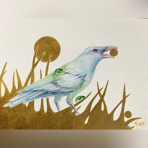 Original Painting White Raven Gold Accents 2026 surrealism by artist Artettina