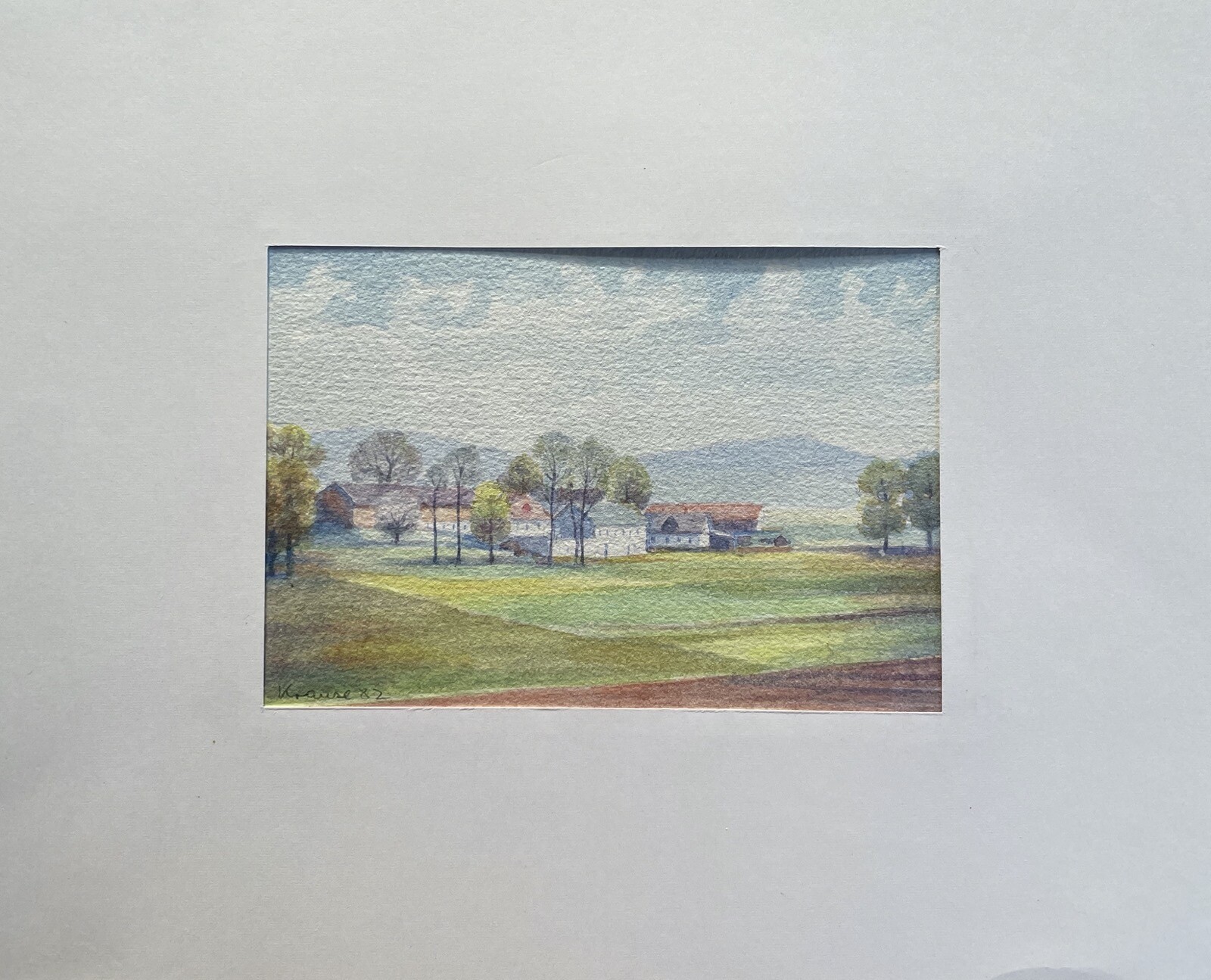 DEUTSCHER MALER SOMMERLANDSCHAFT MIT KLEINEM DORF AQUARELL KRAUSE 1982