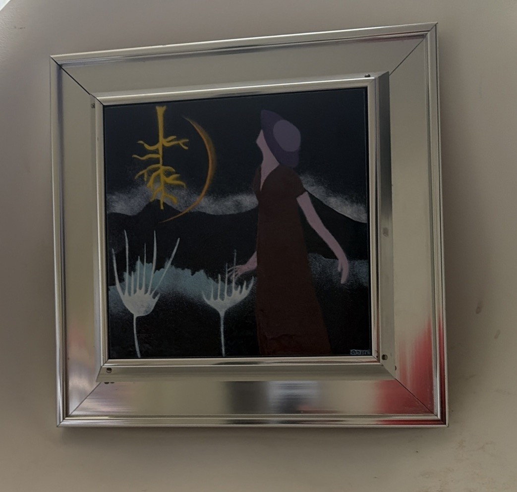 Vintage 70s Aluminum Framed Art Reverse Painting Signed Allie Moon Retro Folk