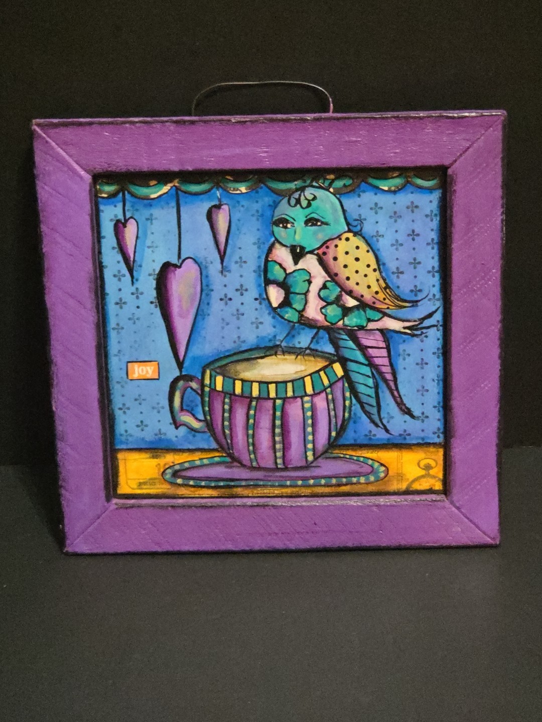 Diane Salter Whimsical Collage Art Painting Collage Framed 11.5″ Square Bird Tea