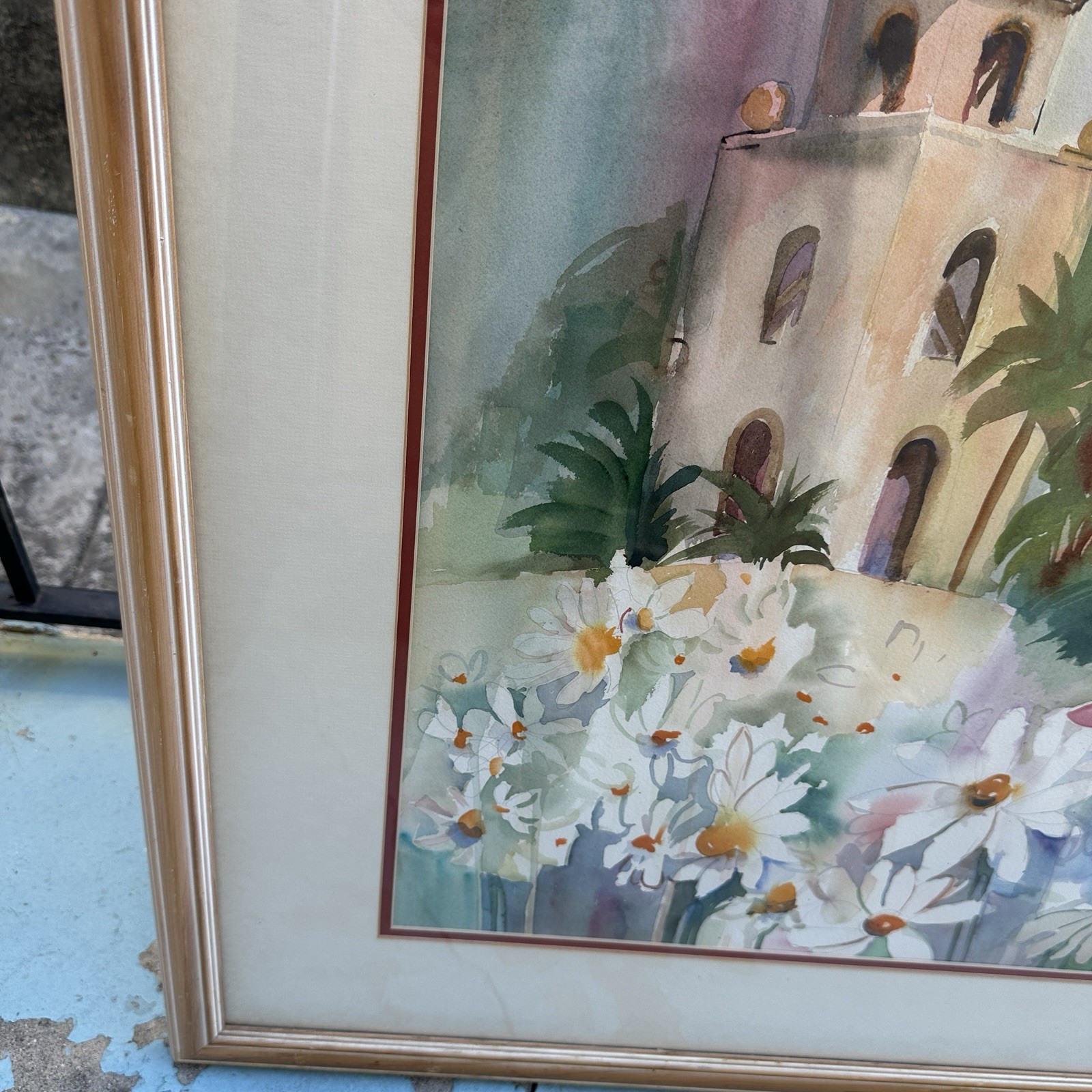 Majel Carter Original Watercolor Framed 29×34 Spanish Tower Daisies Floral Art