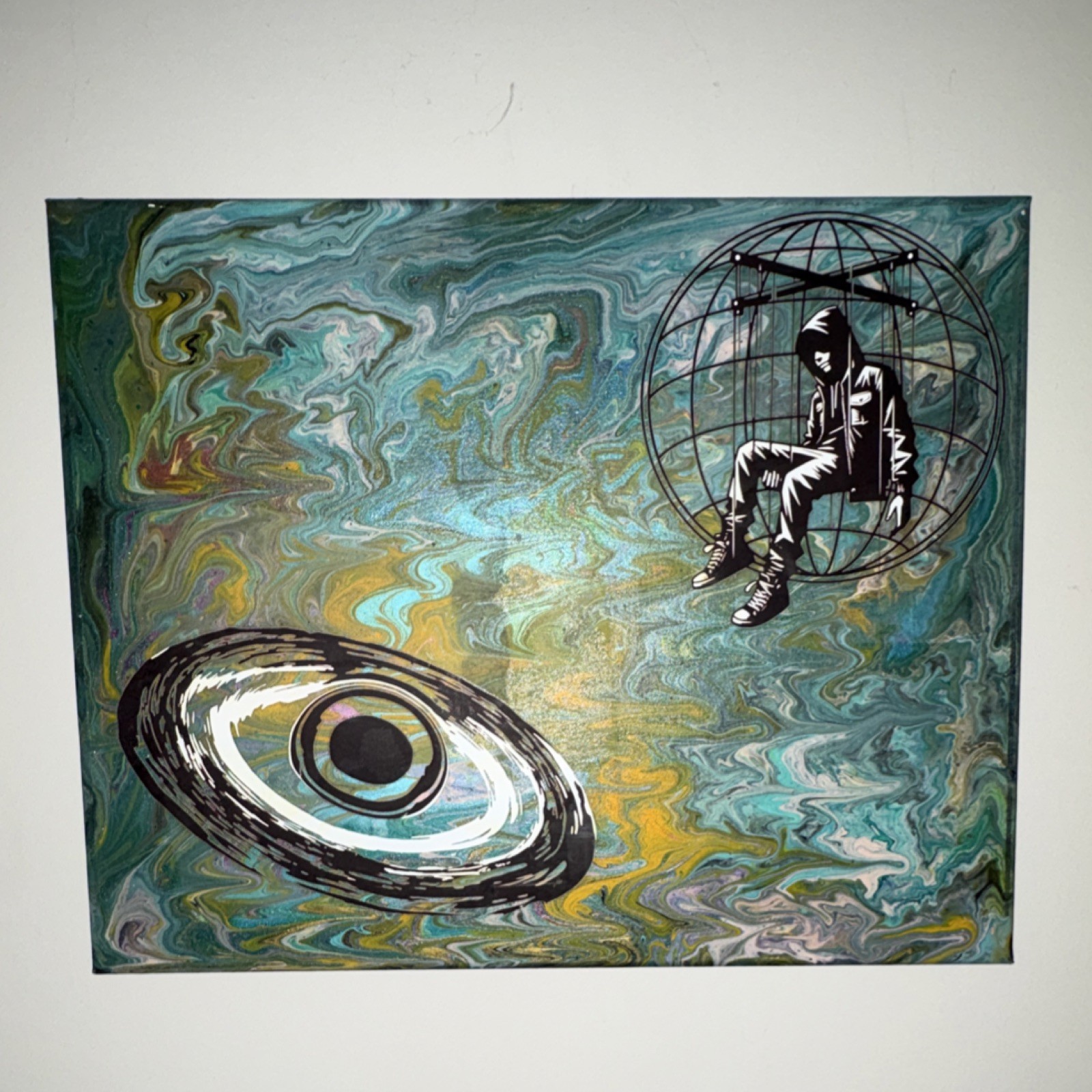 Abstract Hooded Figure Painting Hanging Sphere Swirling Eye Design, Unframed
