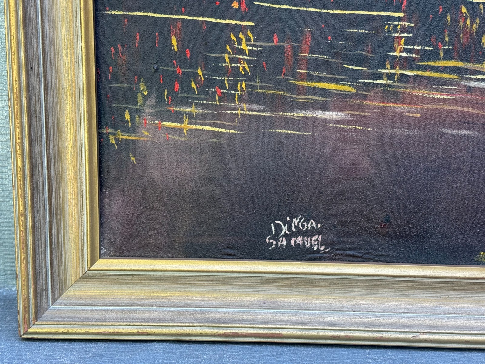 DINGA SAMUEL AFRICAN LANDSCAPE OIL PAINTING MAN CROSSING RIVER AFRICA CONGO MCM