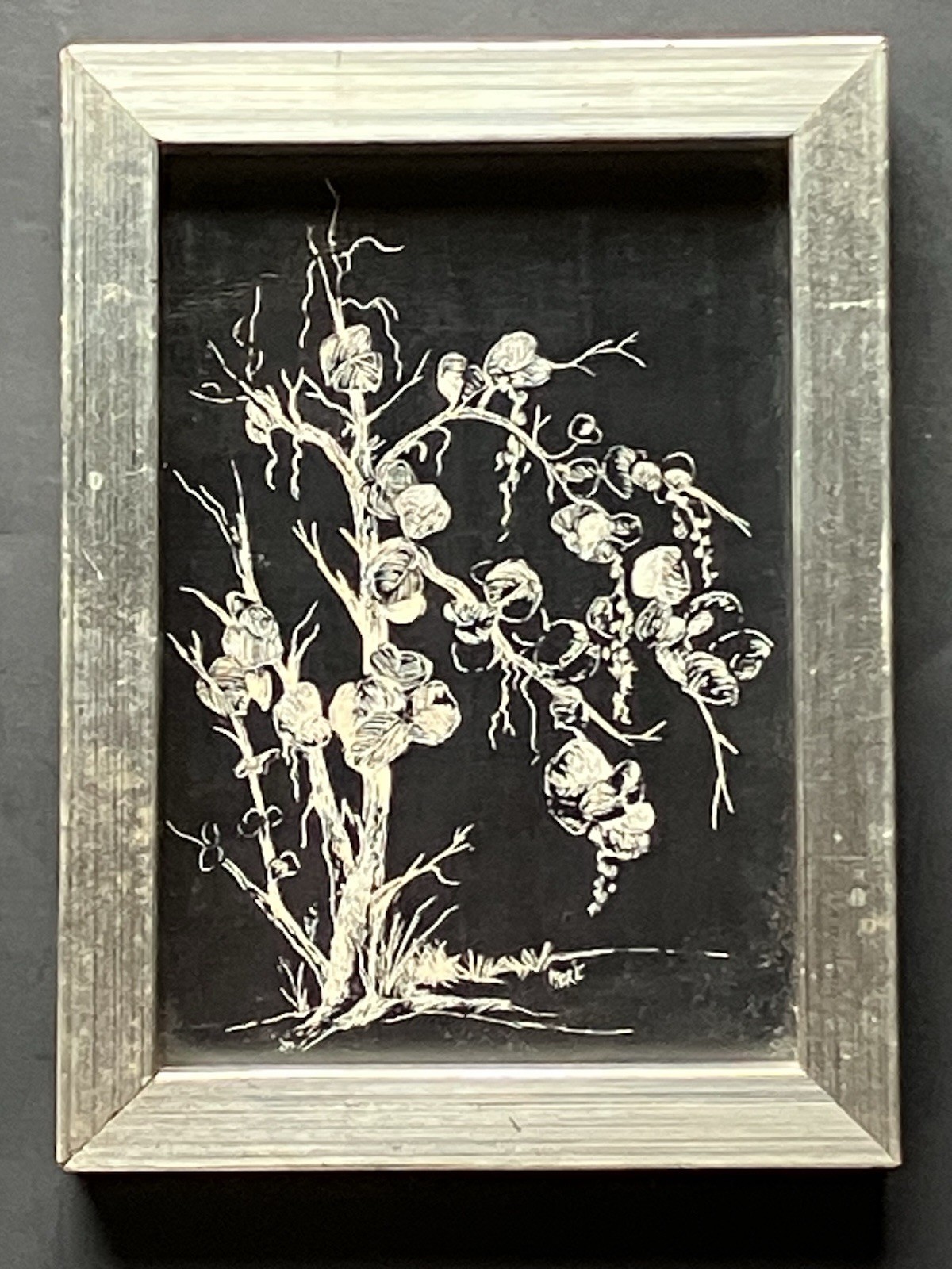 Small Vintage Hand Painted and Etched Original Art, Tree With Flowers, Signed