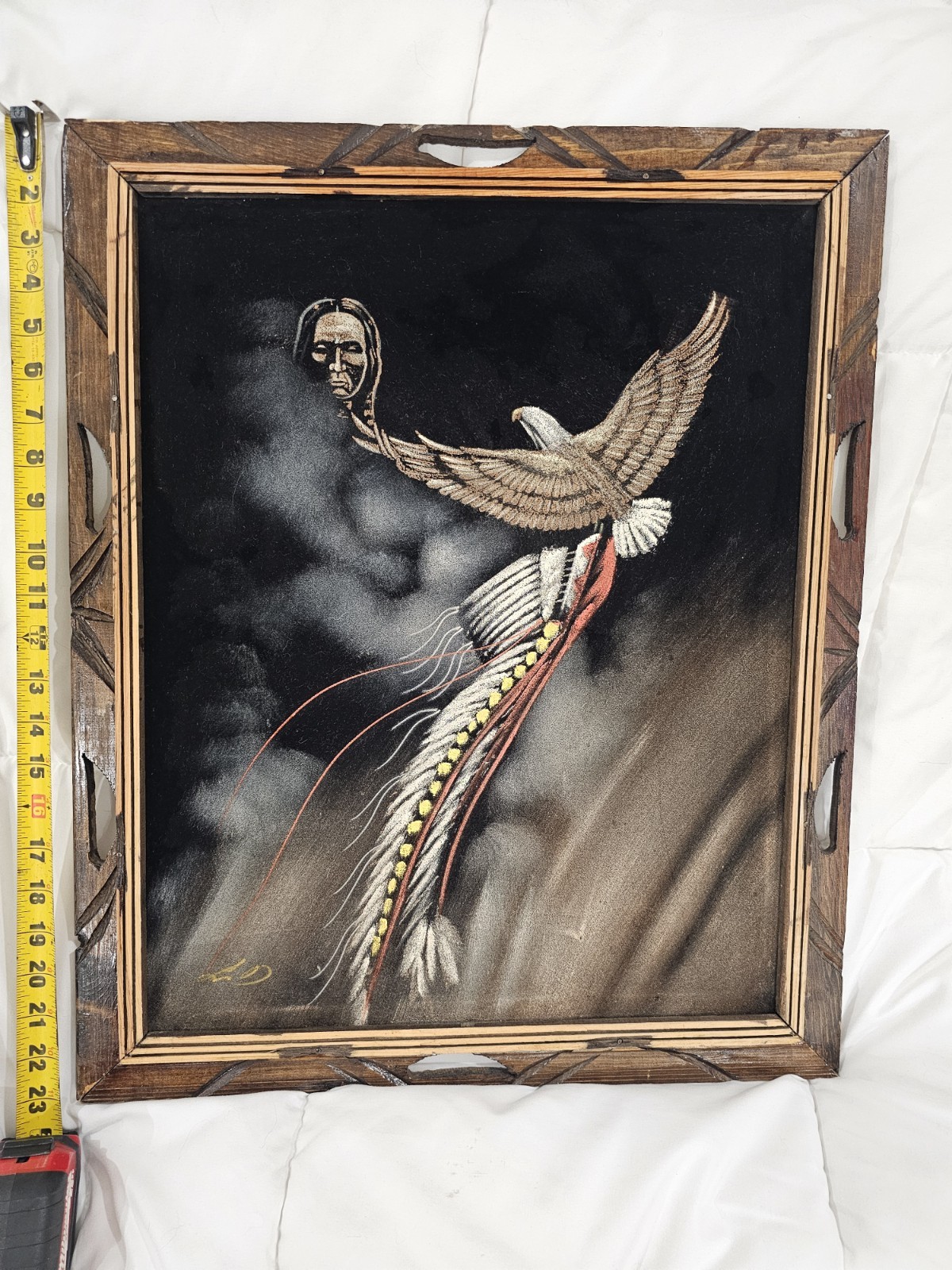 Vintage 70s Velvet Painting Native American Eagle Signed LD Carved Wood Framed