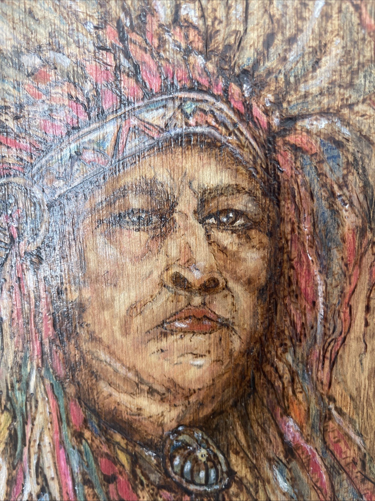 Native Sioux Indian Chief Etched Painting Sitting Bull On Wood 15×12” Vintage