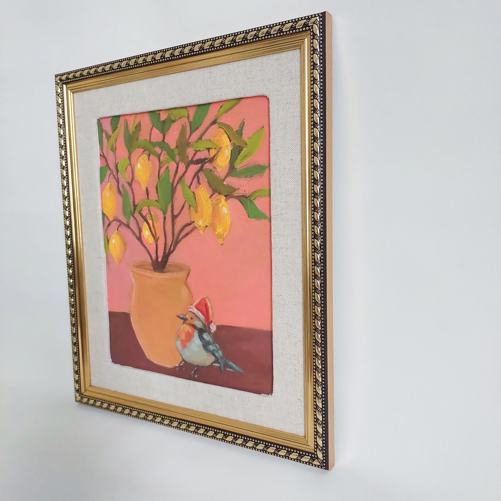 Fruit Still life Lemon Tree and Robin Bird Original Oil Painting on Paper Framed