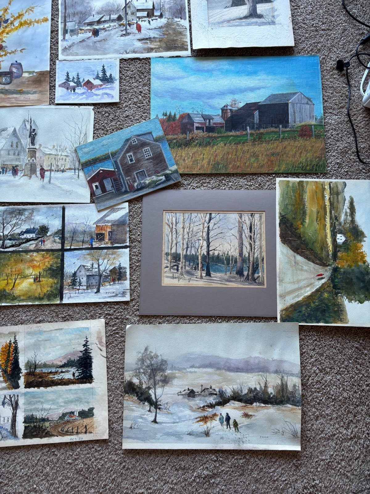 Large Lot Original Signed Paintings “Frick” 1978–1991 Oil & Watercolor on Paper