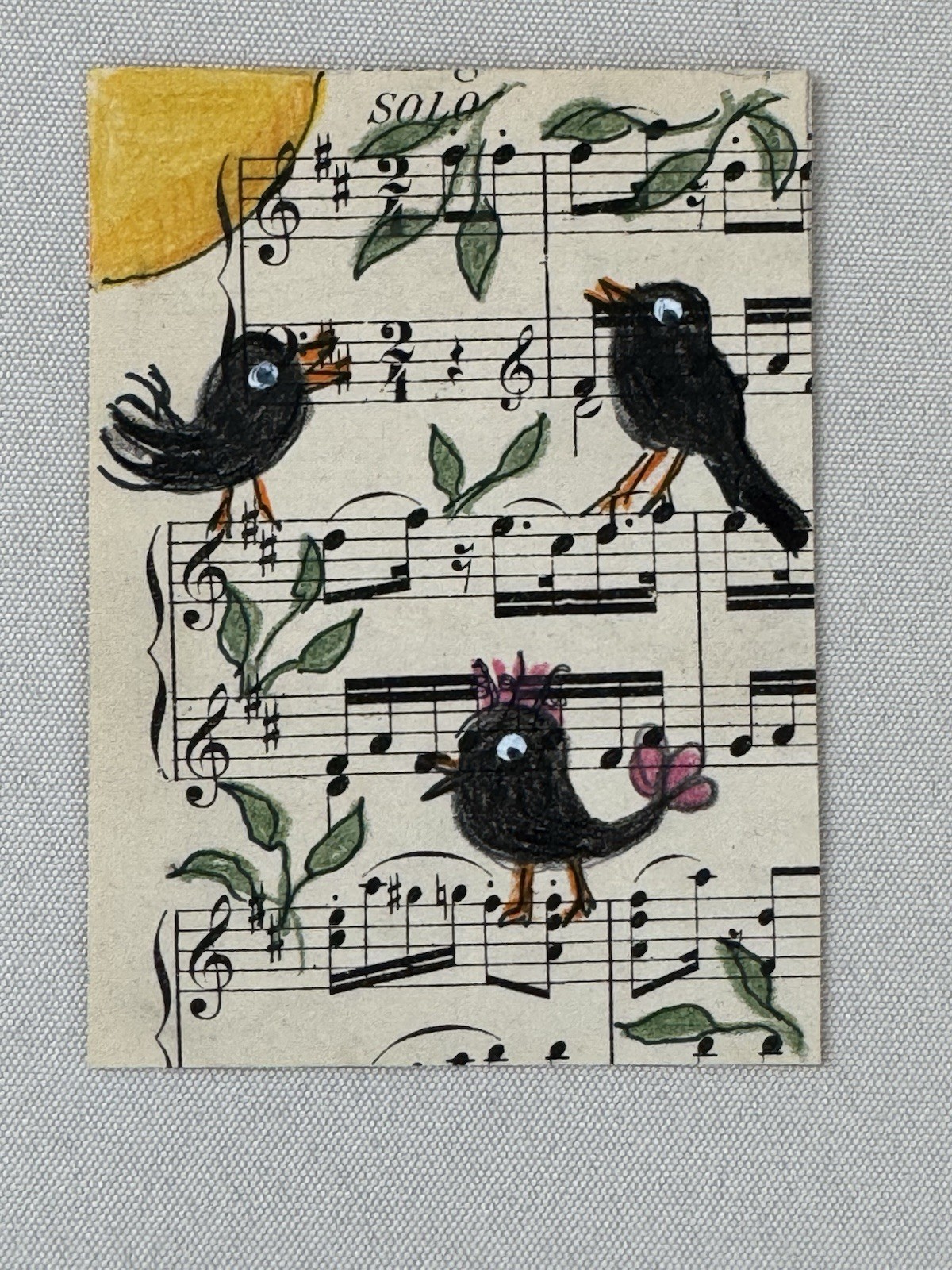 Aceo Original Art Trading Card, Cute Birds With Piano Music, Art By Sommer Rayn