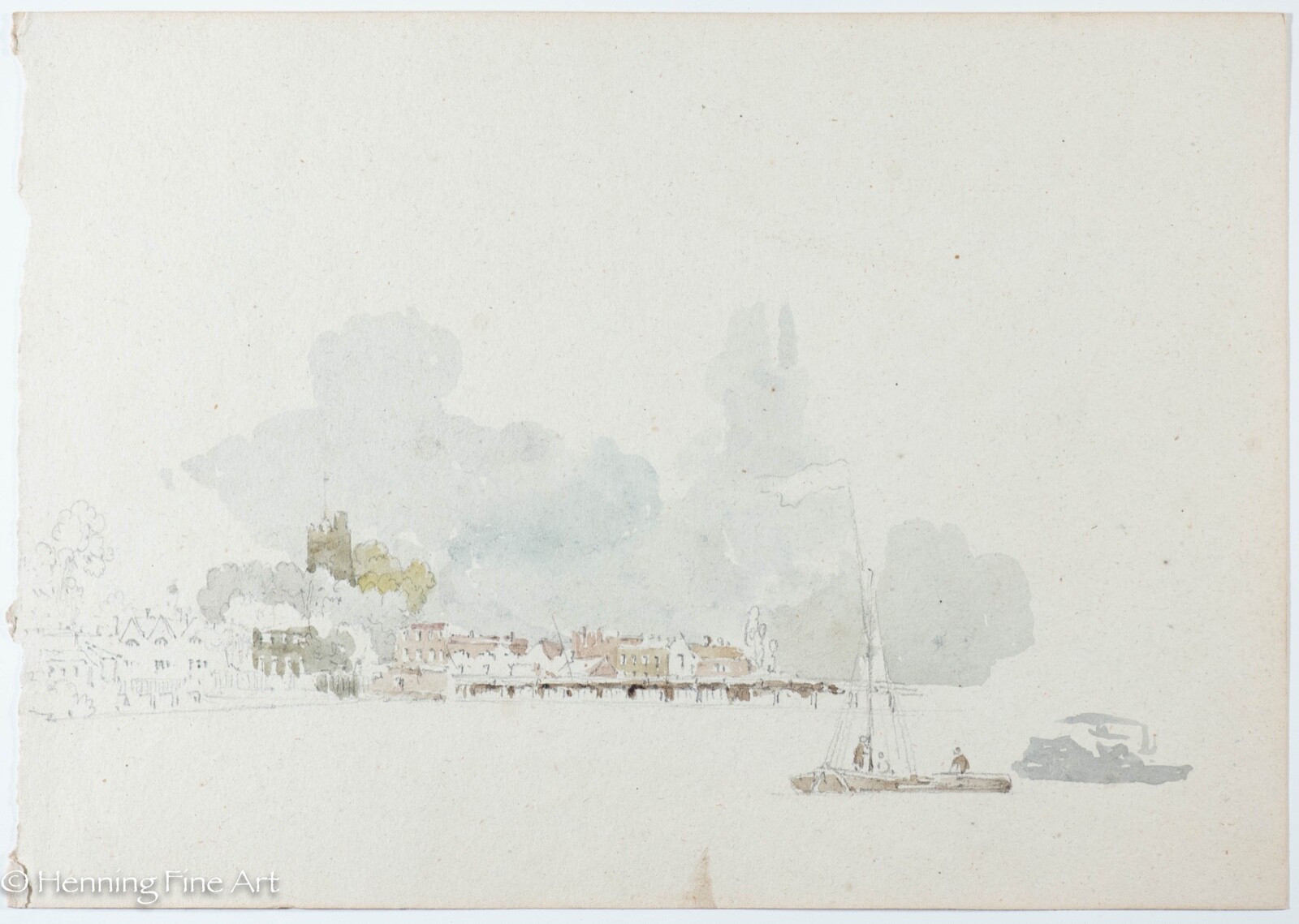 Antique English Watercolor View of Village from River, Riverscape Verso C. 1810