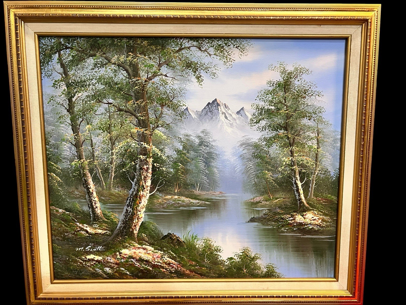 Vintage M. Scott Oil Painting 3D Textured Landscape Framed 29×25” Signed