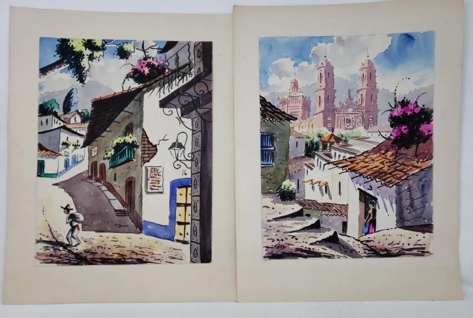 13×10 ORIGINAL WATERCOLOR PAINTINGS ON CARDBOARD – VINTAGE, LATIN AMERICA MEXICO