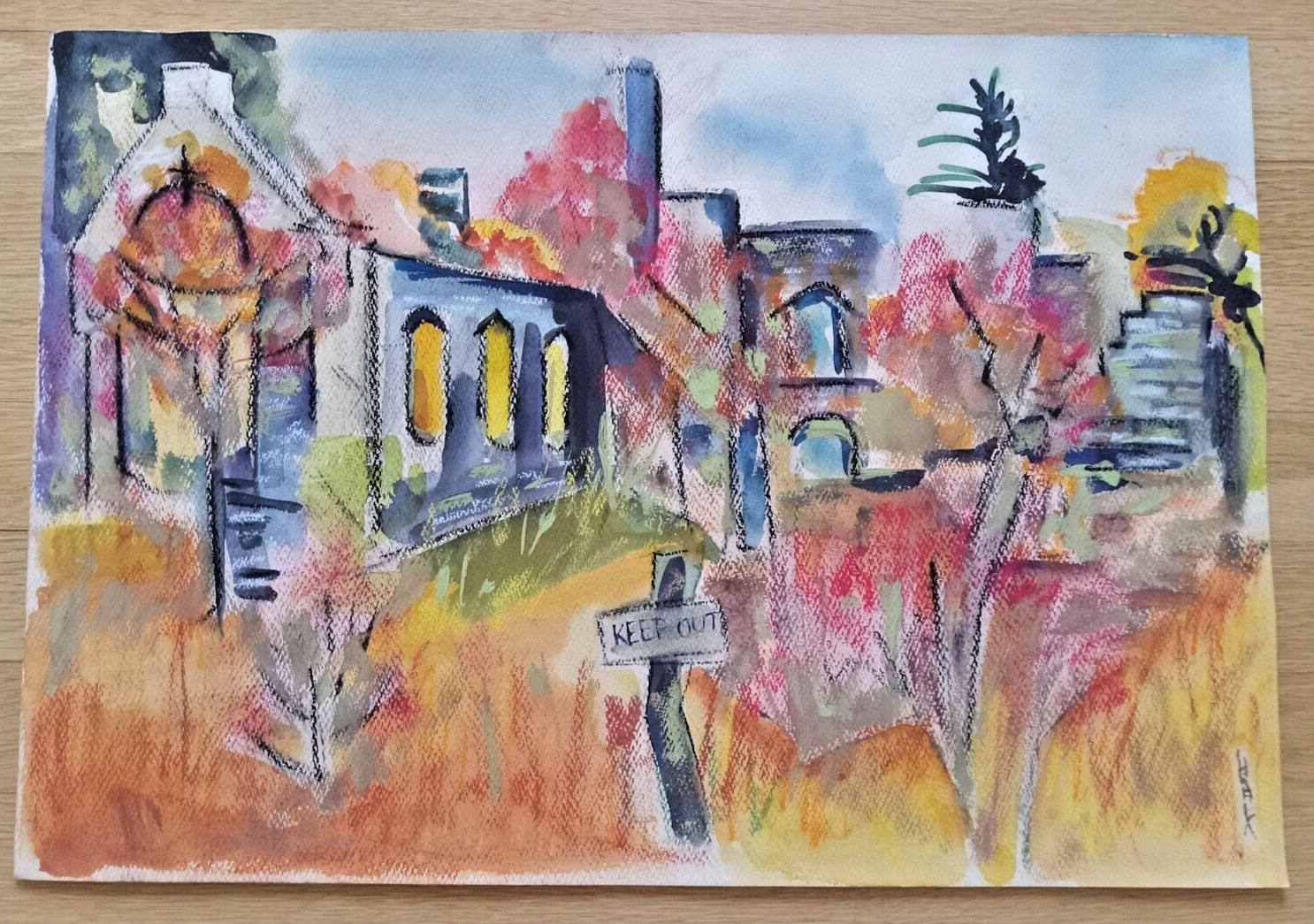 Painting: Keep Out! Derelict Church Property Original Watercolor on Vellum Paper