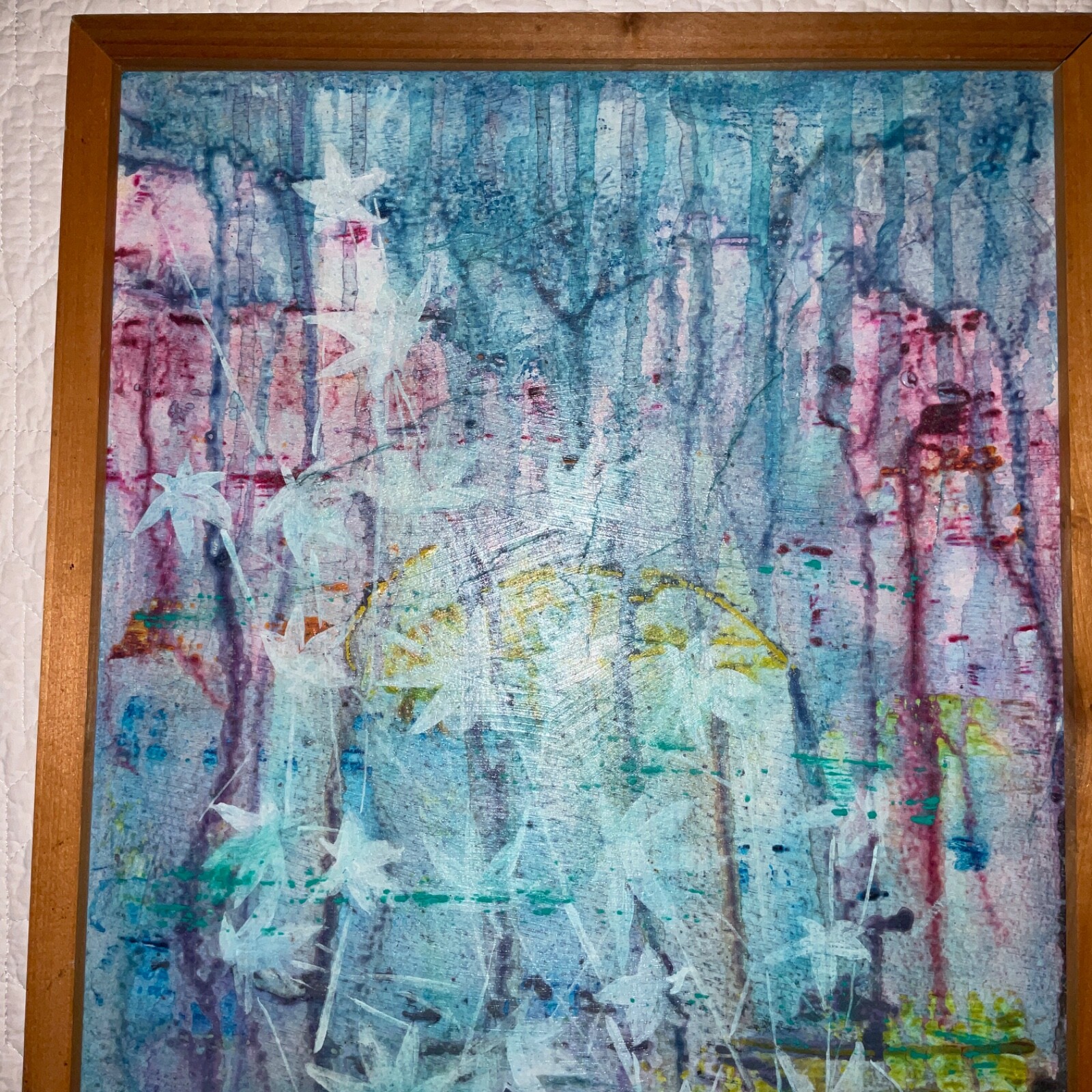 Abstract original hand painted PAINTING collage signed aqua blues falling leaves