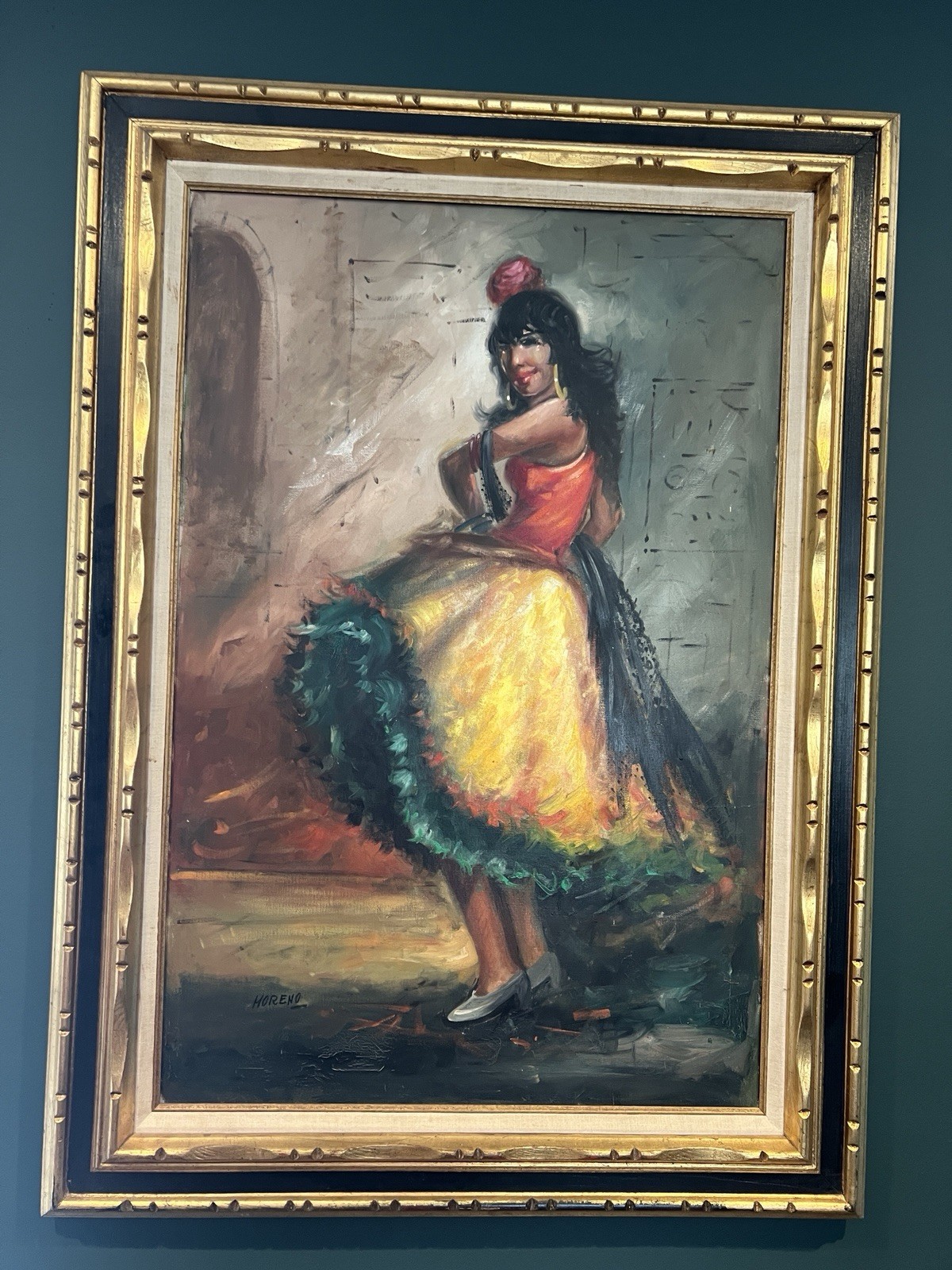 Vintage Spanish Flamenco Dancer Large Framed Oil Painting By Moreno 32″x 44″