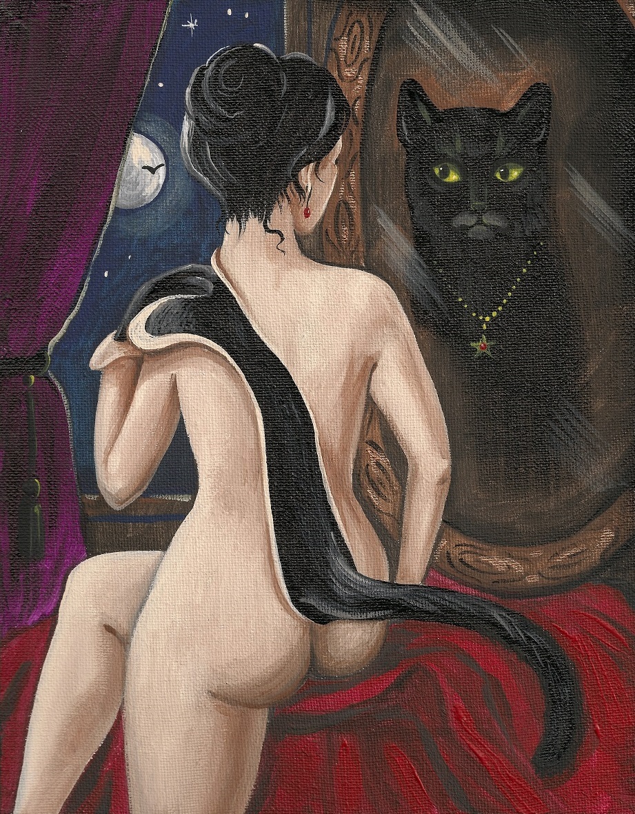 8×10 PRINT OF HALLOWEEN PAINTING WITCH BLACK CAT RYTA CROW GOTH Folk Art Fantasy
