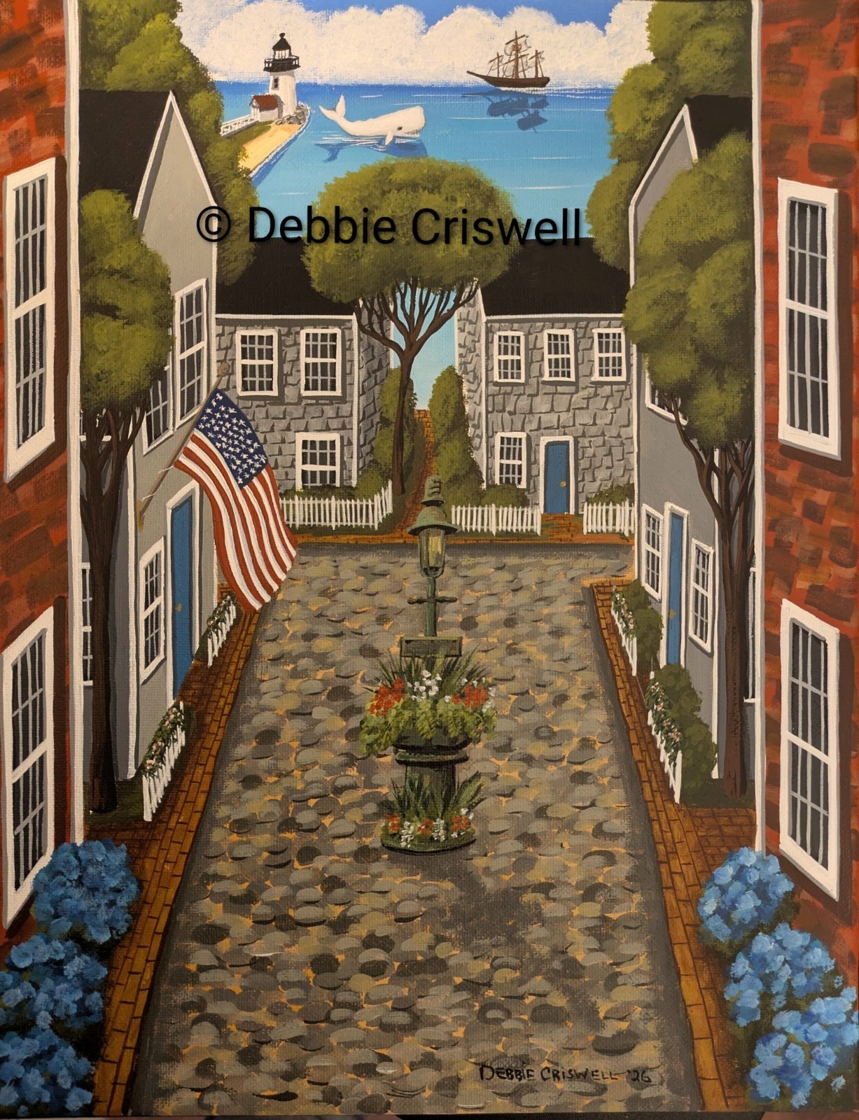 Orig. PAINTING Folk Art Whale Nantucket Brant Point Lighthouse Main St. Fountain