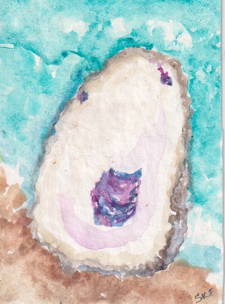 Original ACEO Oyster Shell Watercolor Painting – Mini Ocean Art