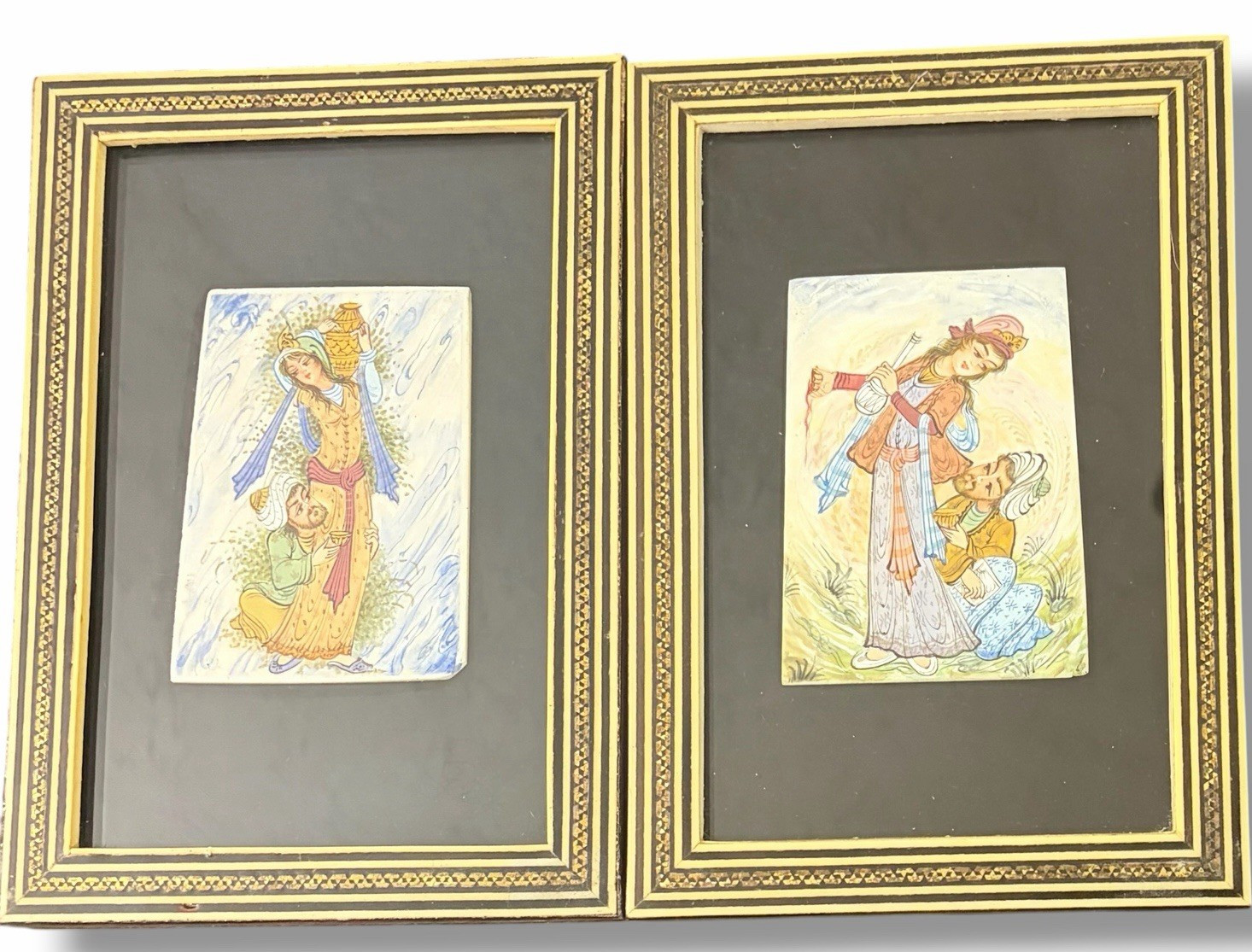 Vintage Pair of Persian Miniature Painting Bone Title Khatam Marquetery Frame