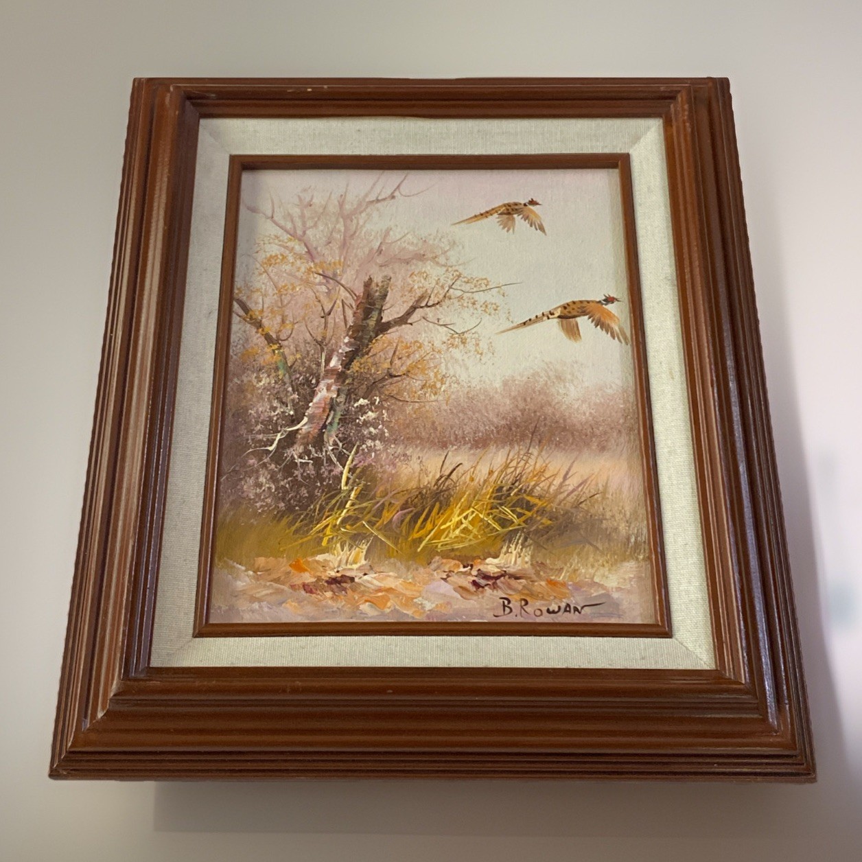 Vintage Oil On CanvasPainting Signed B. Rowan Birds Flying Scene Nice Wood Frame
