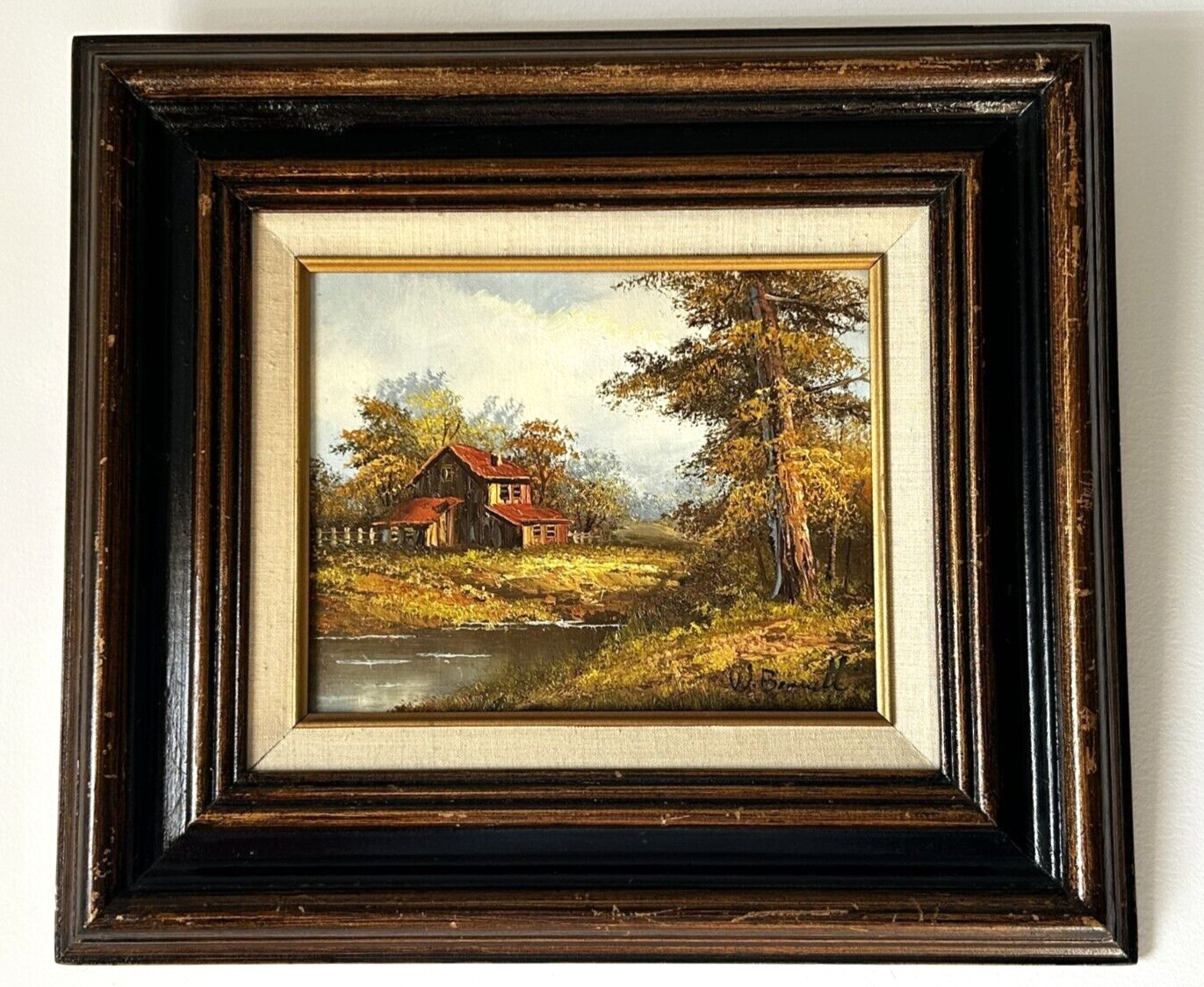 W. Bennett 18» x 16» Signed Oil Painting on Wood Landscape Cabin in the Woods