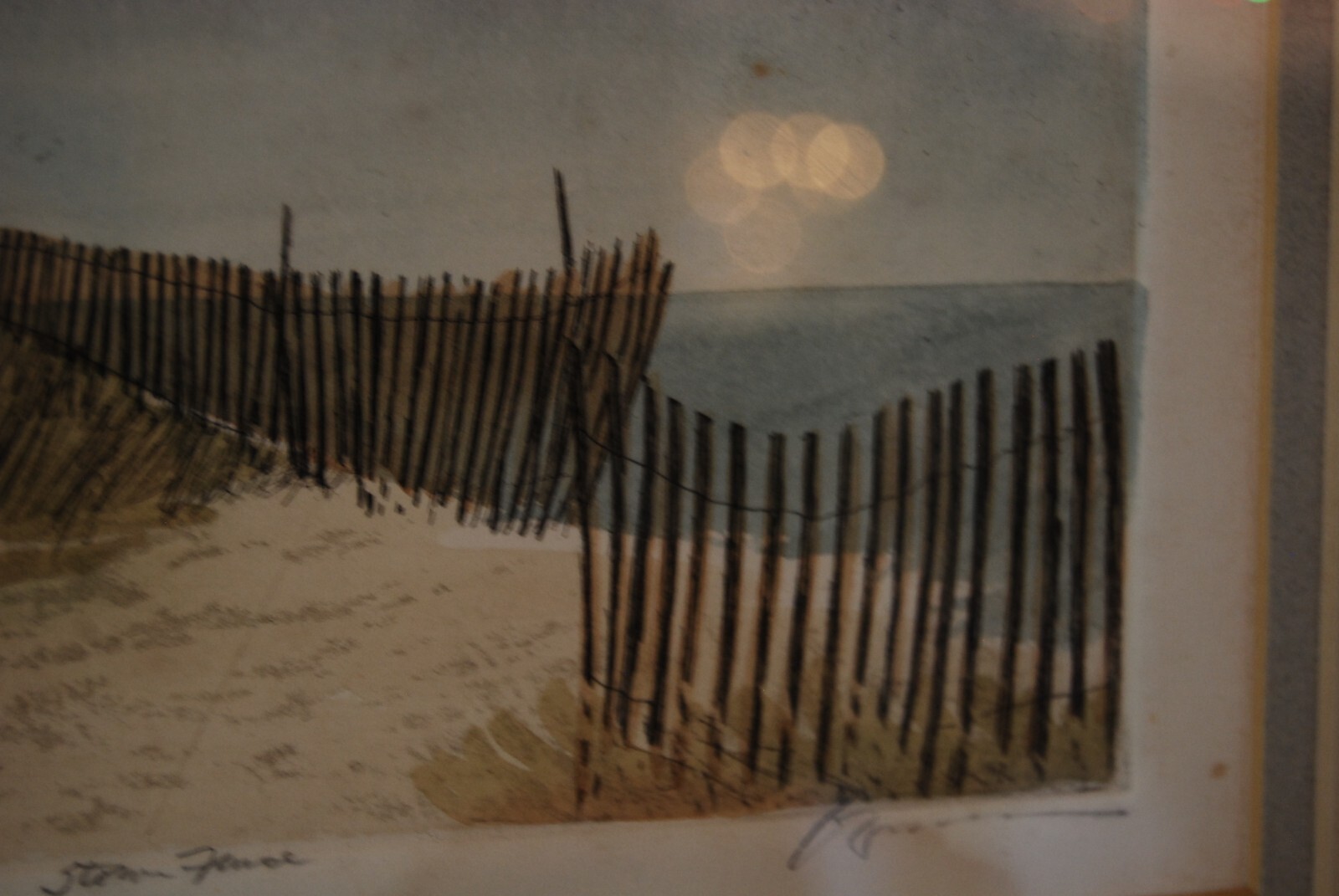 VTG FRAMED FRANK KACZMAREK SIGNED A/P COLORED ETCHING «STORM FENCE» LIGHTHOUSE