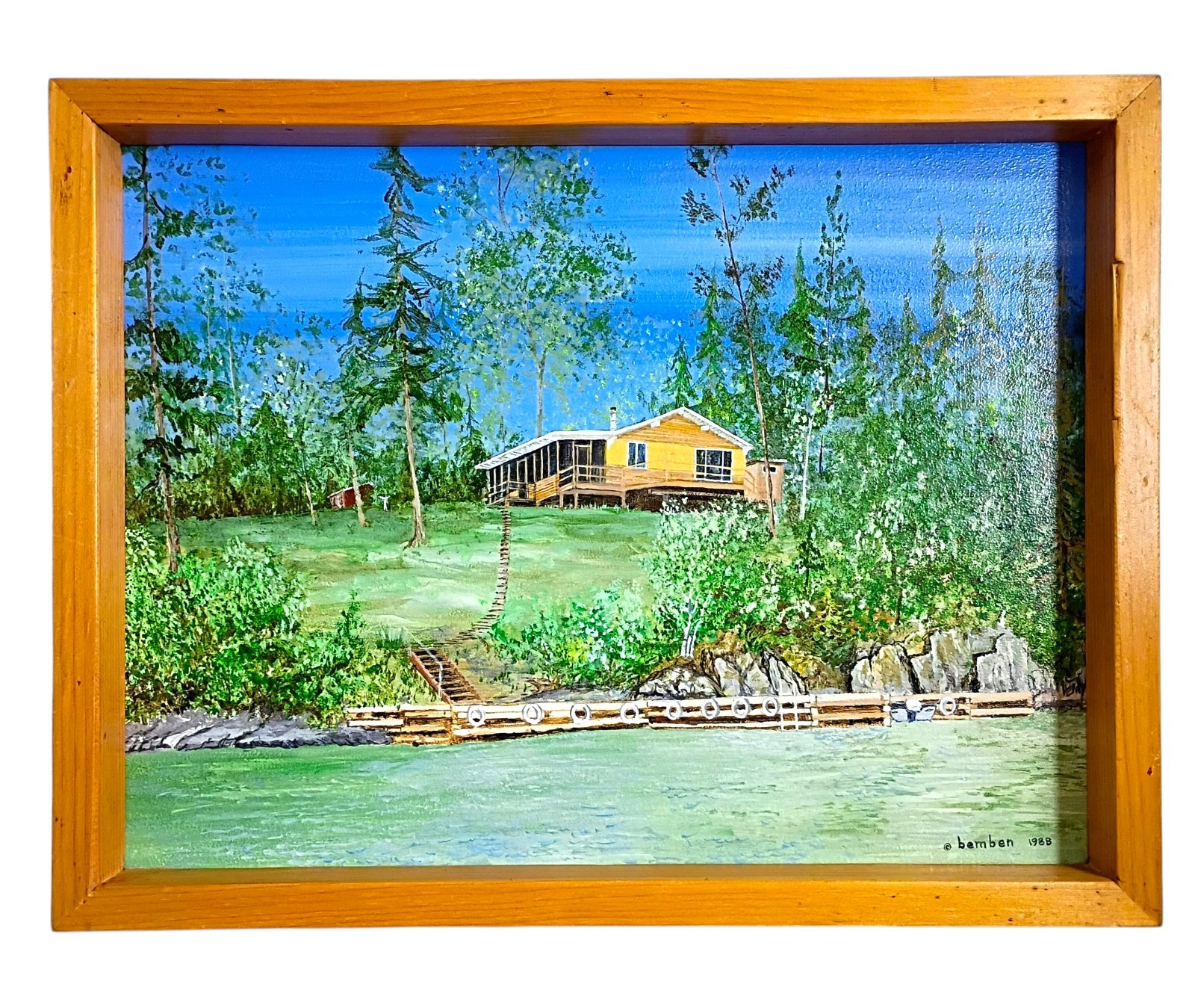 Vintage Lakeside Painting Original 17.5 x 13.5 x 1.5 Commissioned Art On Board