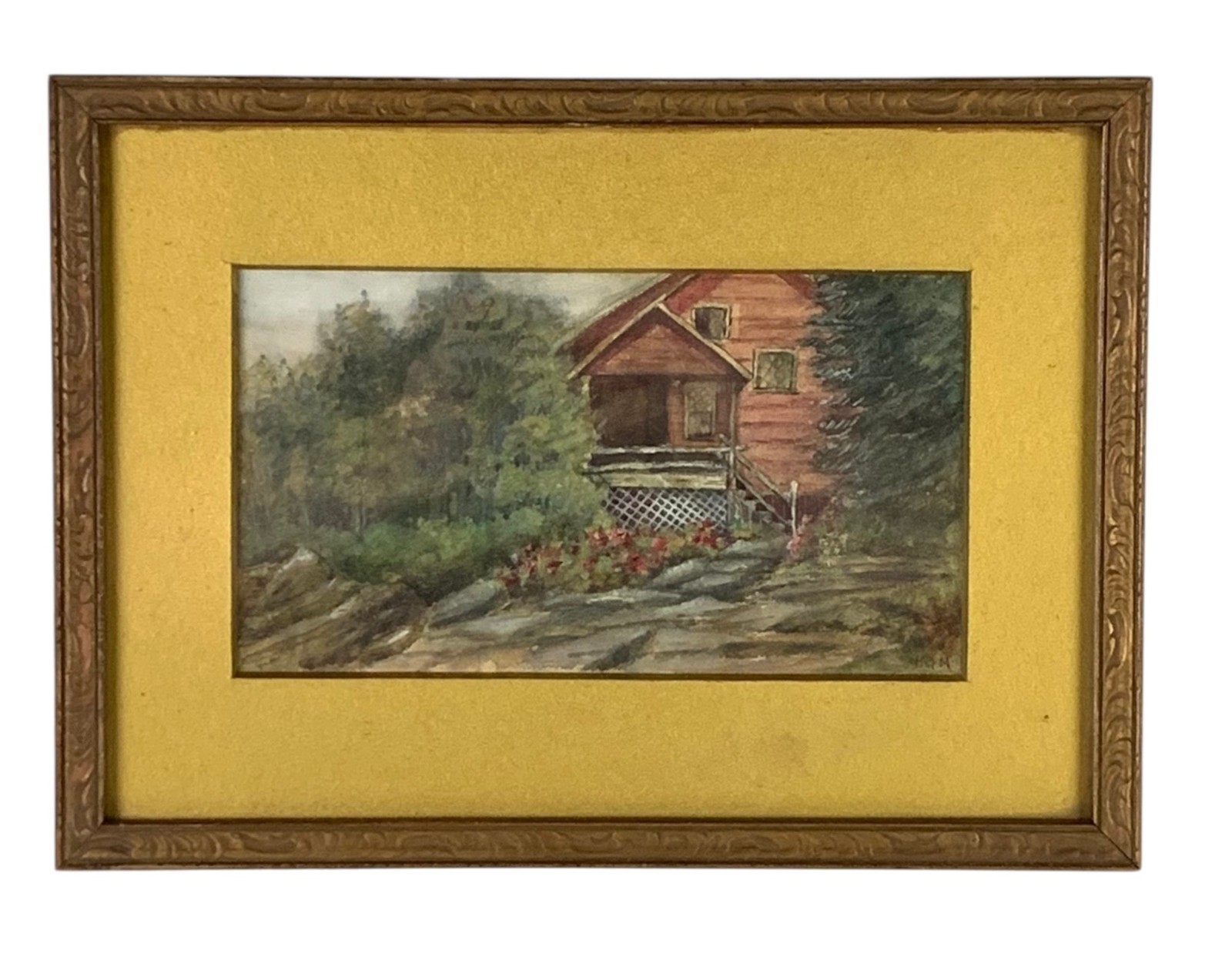 RH Macy & Co Herald Square Inc NY Framed Gouache Painting of Cottage Signed