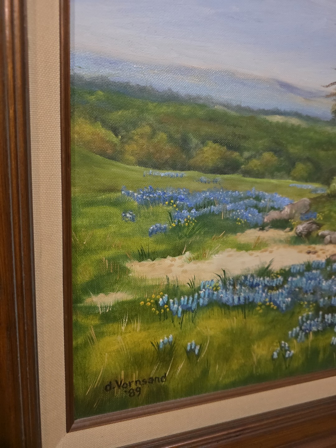Texas Bluebonnet Hill Country Scape, D. Vornsand ’89 Oil Painting Weimar TX