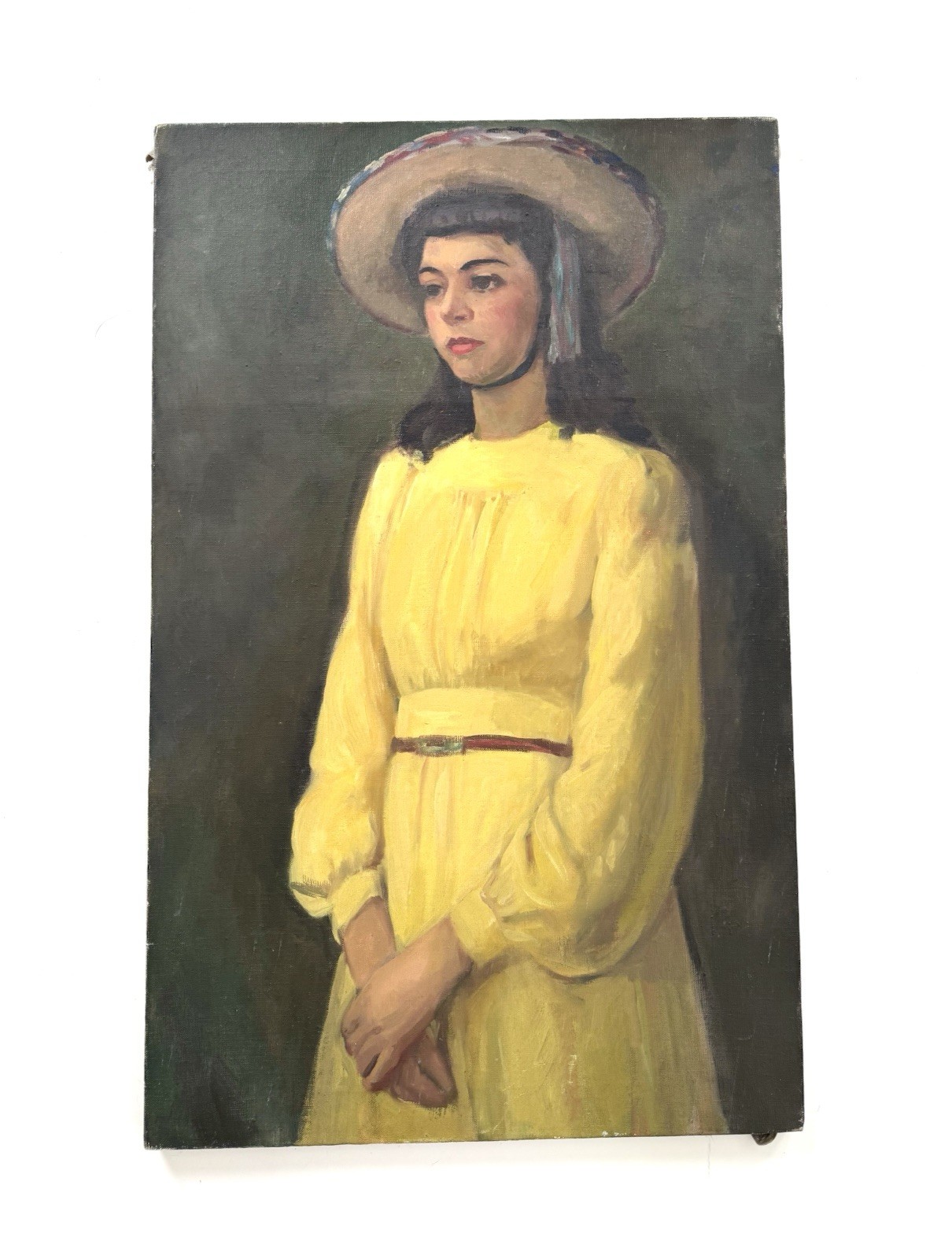 Vintage Large Portrait Painting of Woman Girl in Hat and Yellow Dress 35×22