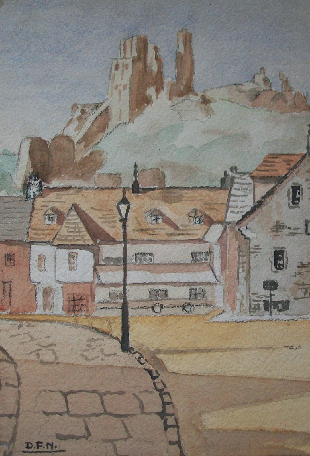 D.F.N. – ‘Corfe Castle – Dorset’ – Vintage Watercolor Painting – U.K. – 20th C.