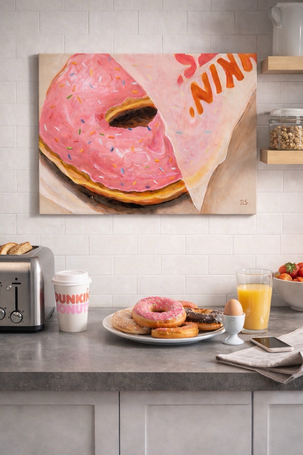 Donut Painting Pink Donut Still Life Kitchen Wall Art 18×24 Canvas