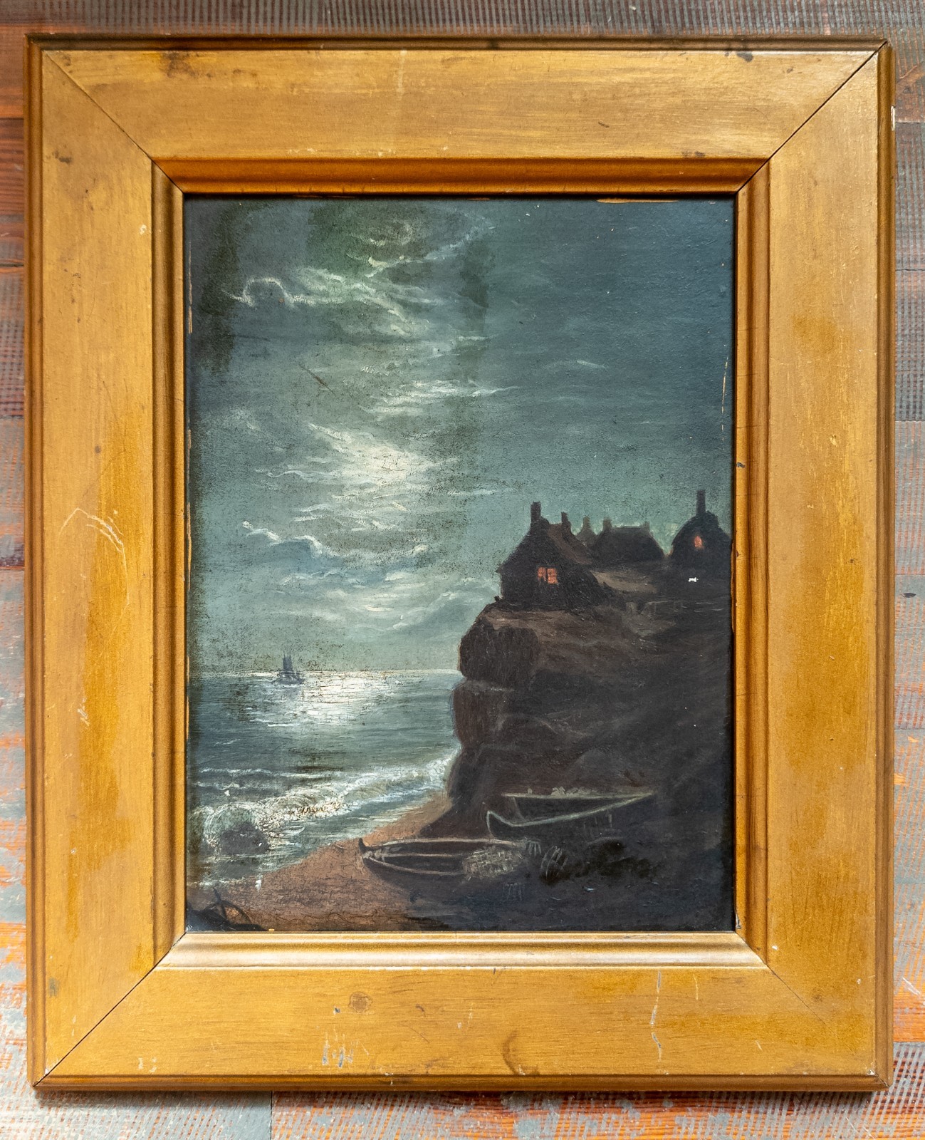 Antique Folky Oil on Academy Board Nocturne Moonlit Shorescape Painting