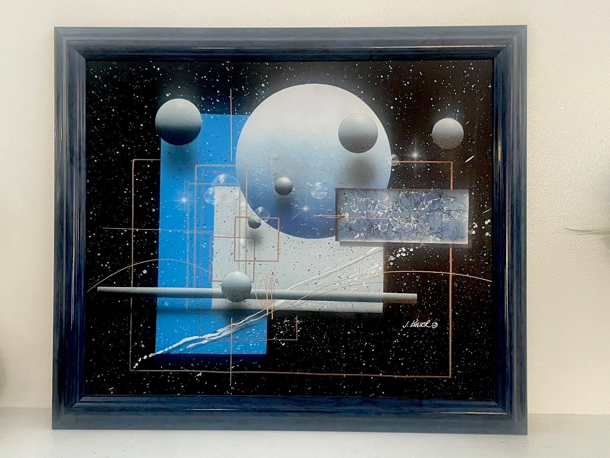 Josef Krugler Acrylic Painting On Canvas Spheres Planets Geometrical Abstract