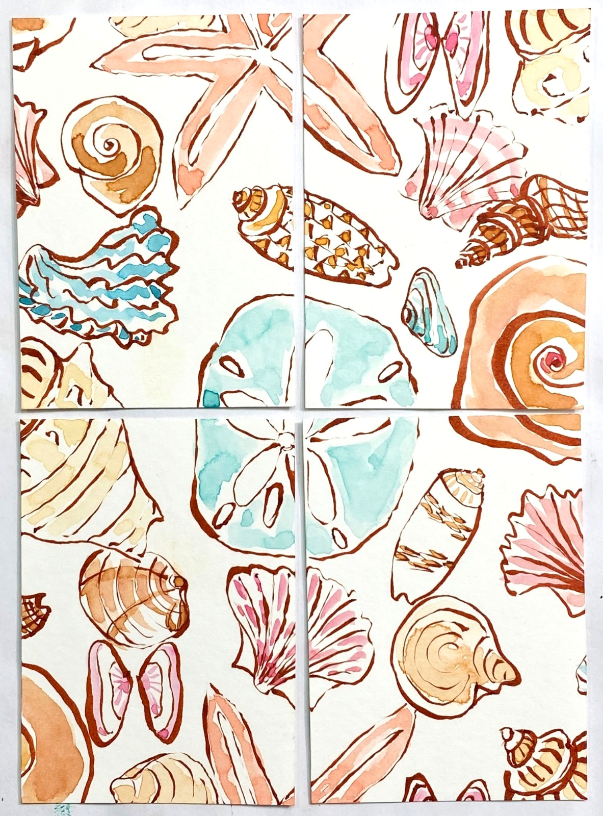 ACEO Original Art Set of 4 Repeat Shell Patterns Watercolor Painting ATCs