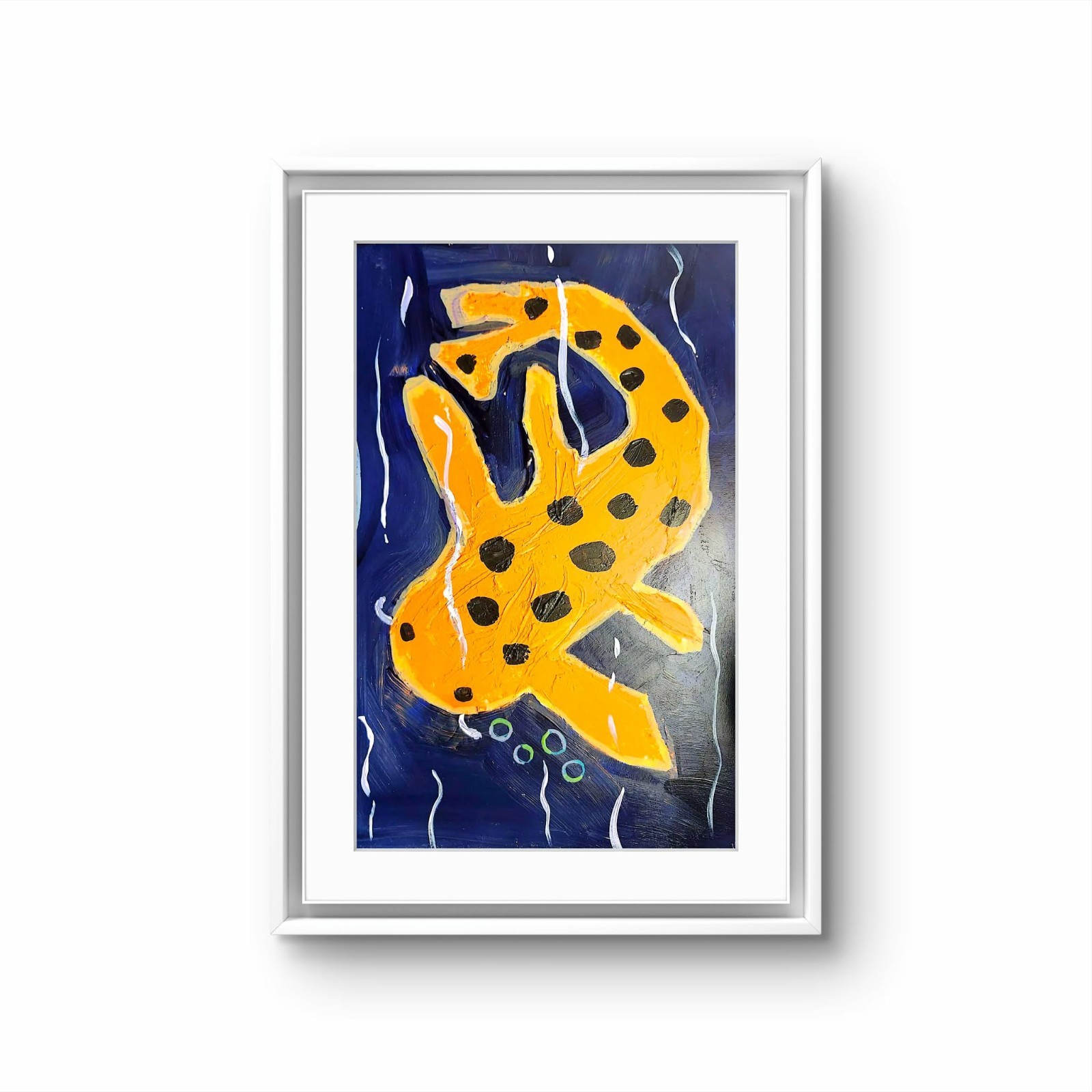 Spotted Koi Blowing Rainbow Bubbles Blue Pond Acrylic Painting 12×16