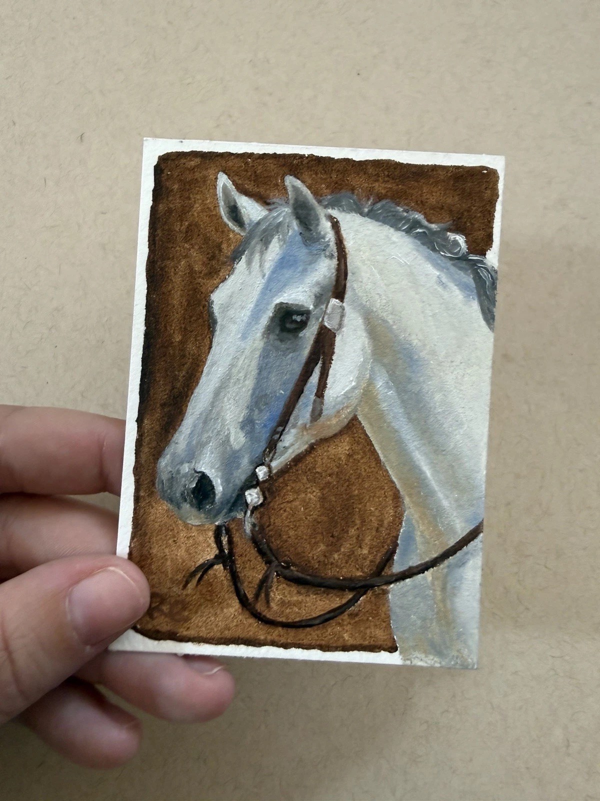 ACEO Art Card Original Grey Cow Pony Portrait Series Oil Painting Western Horse