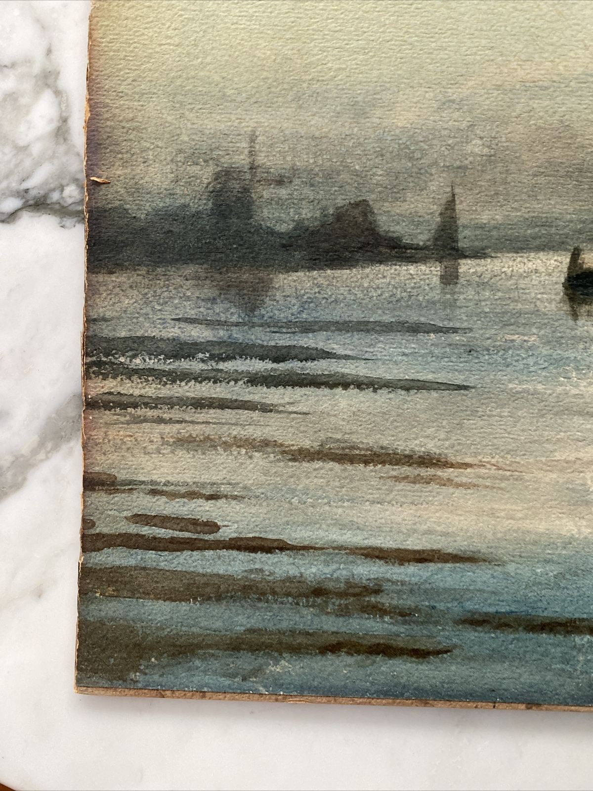Handsome circa 1880 signed Dutch Moonscape Watercolor painting, Luminist Canal