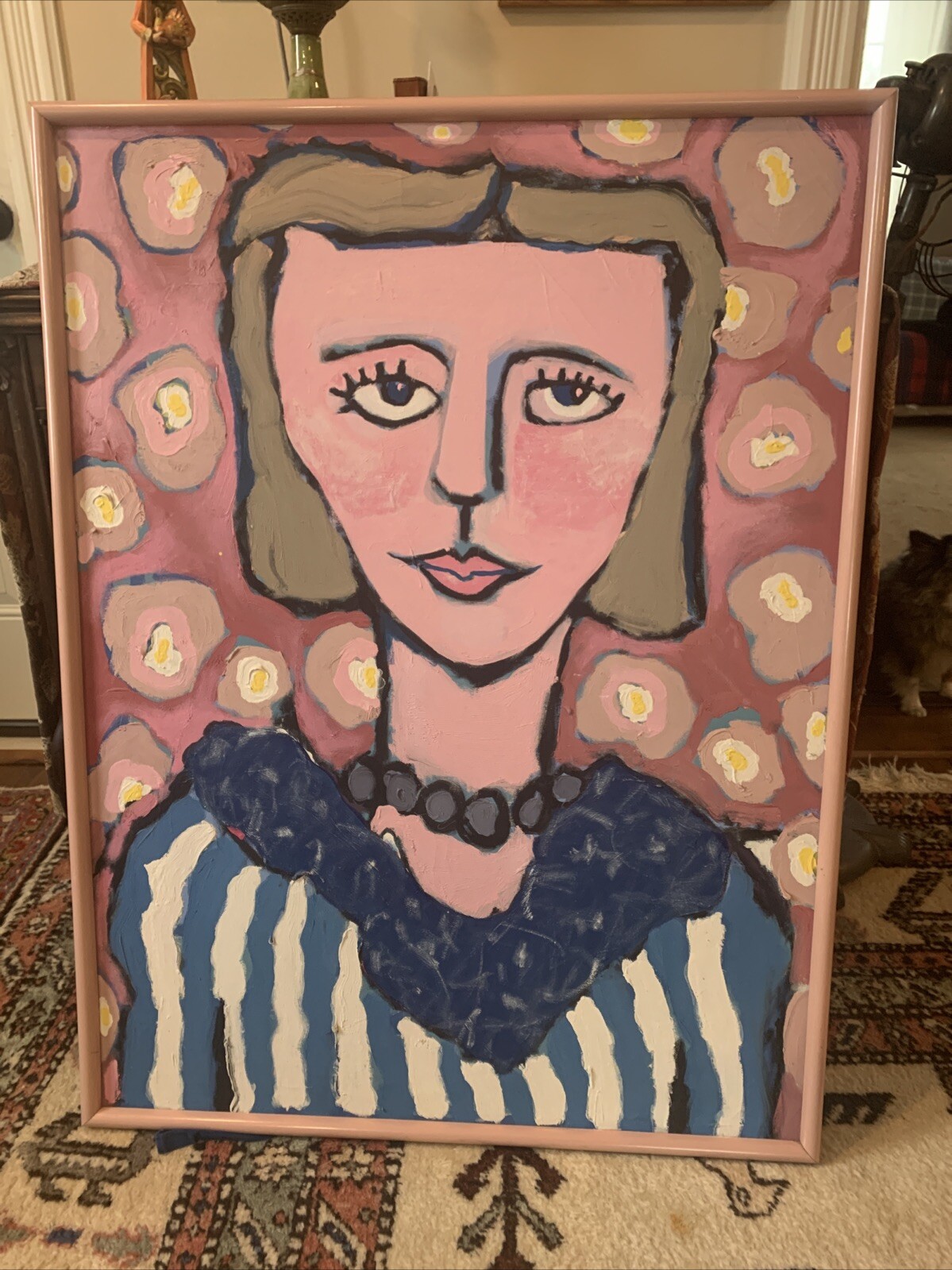 Vintage Large Oil Painting Pretty In Pinky 41×31” Rare Mid Century Art Nouveau