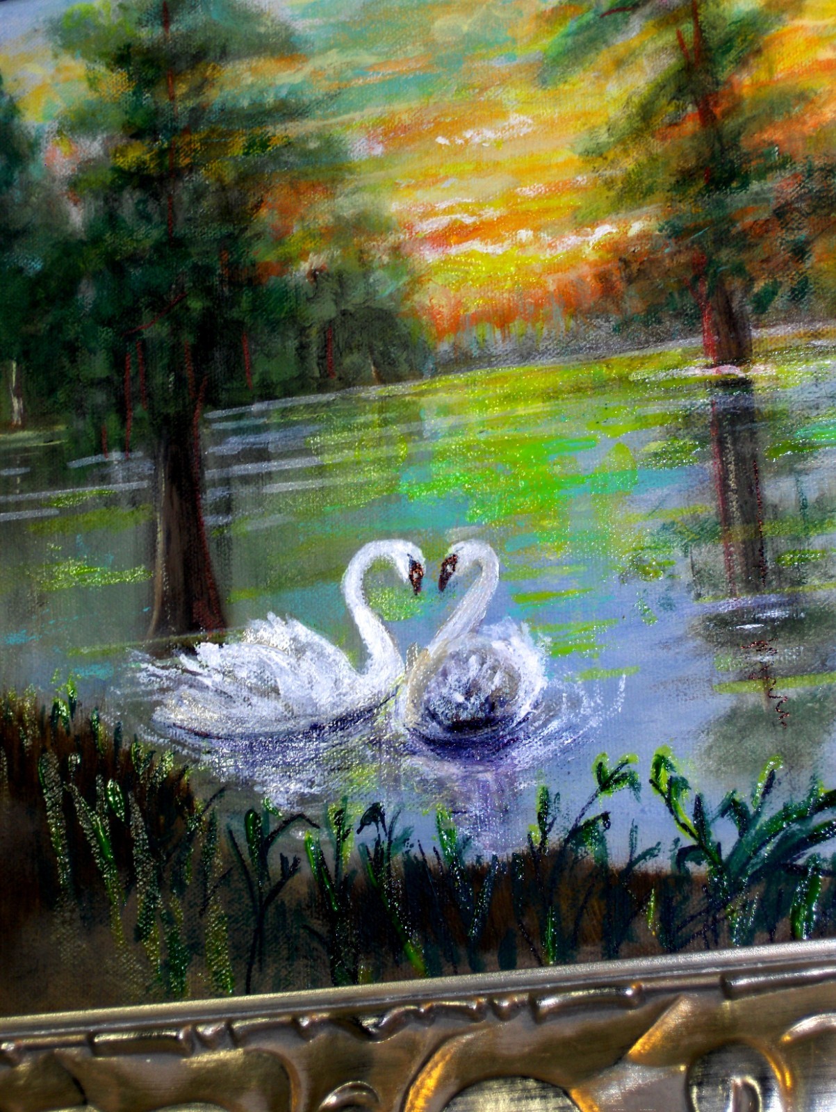 Original Caddo Lake ’76 Landscape Pond Water Reflections Swans Tree Oil Painting