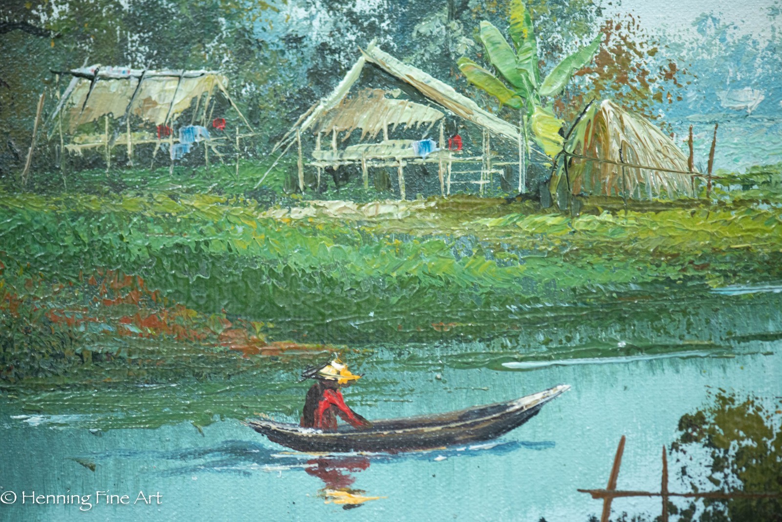 Vintage Impressionist Oil Painting Asian River Village Signed Sutin 16×22″