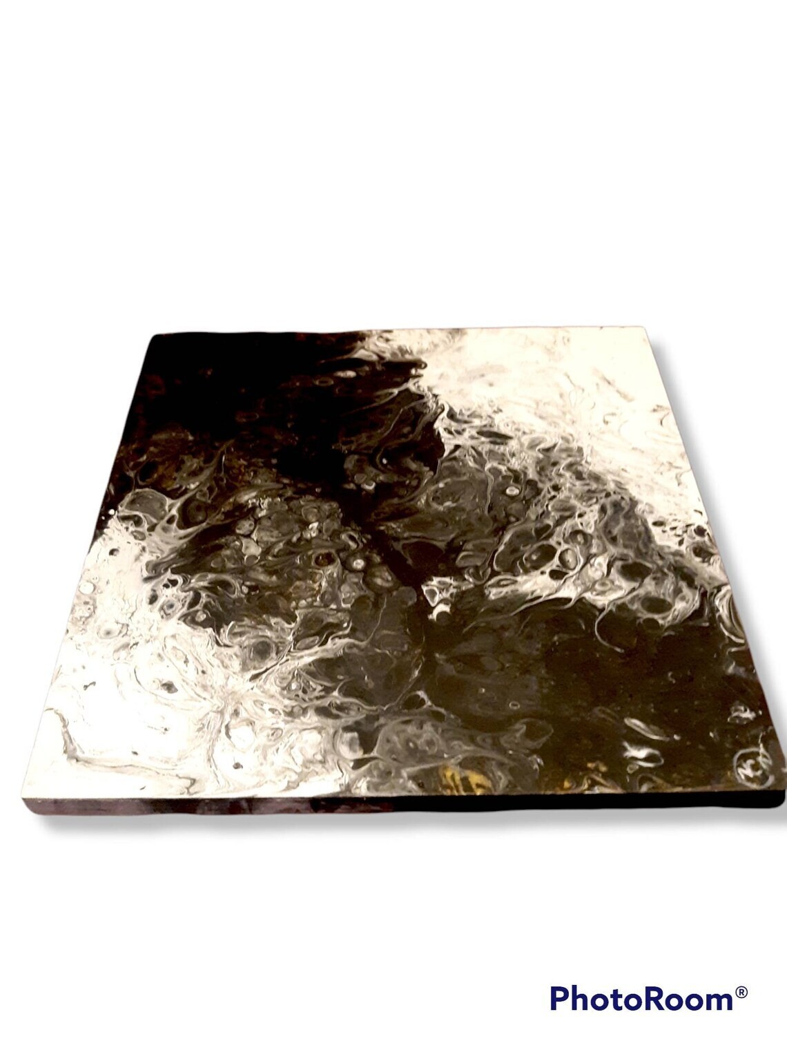 12 in x 12 in Black and White Abstract Acrylic Pour Painting on Wood