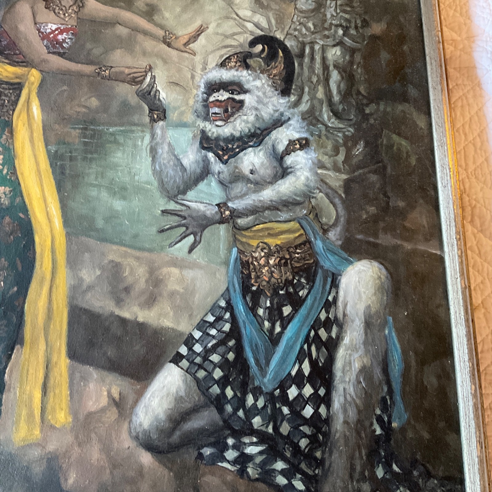 original oil painting Balinese woman portrait mythical monkey god signed vinage